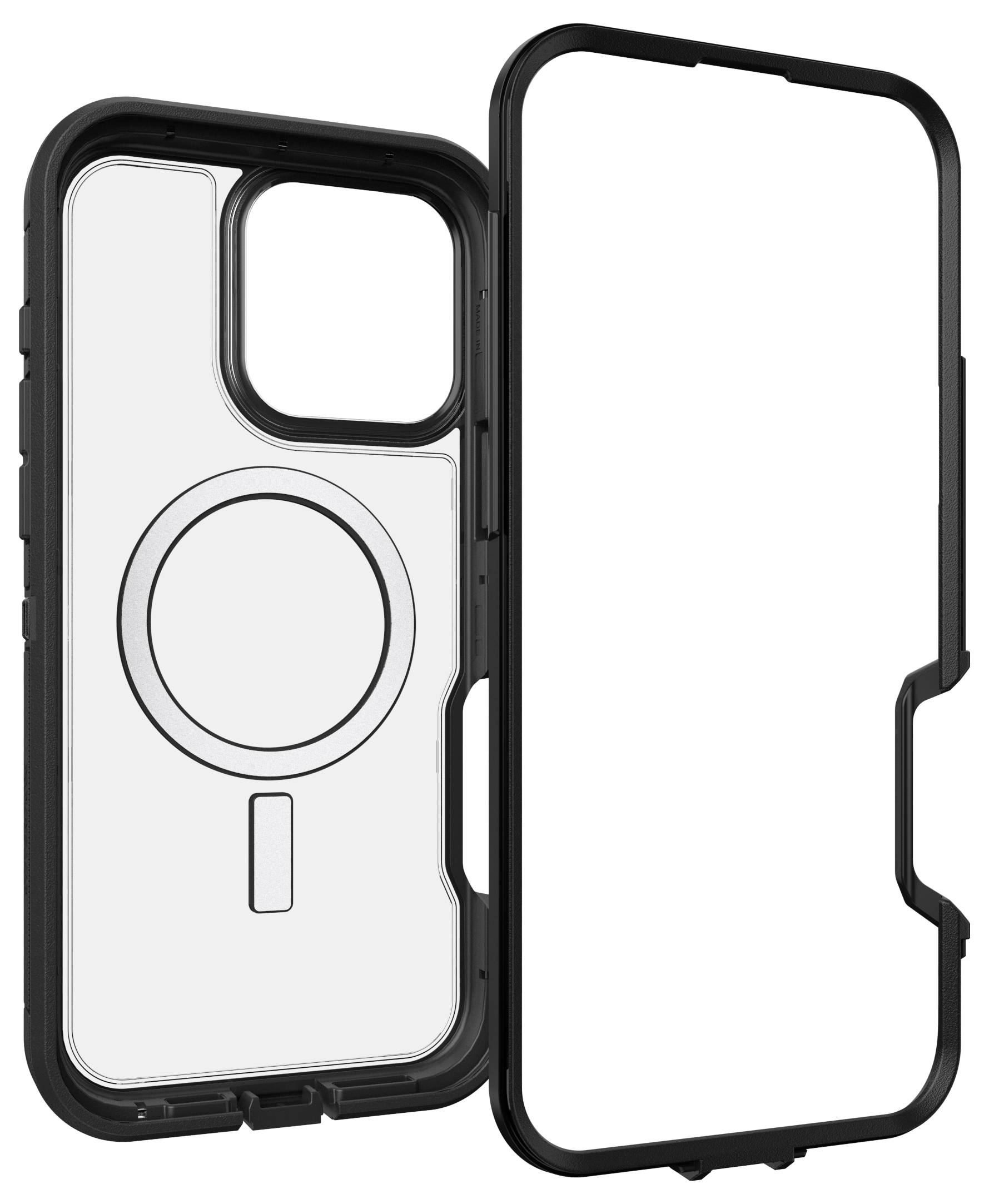 Průhledný obal na telefon s černým okrajem, kompatibilní s MagSafe, je zobrazen ve dvou částech – přední a zadní straně.