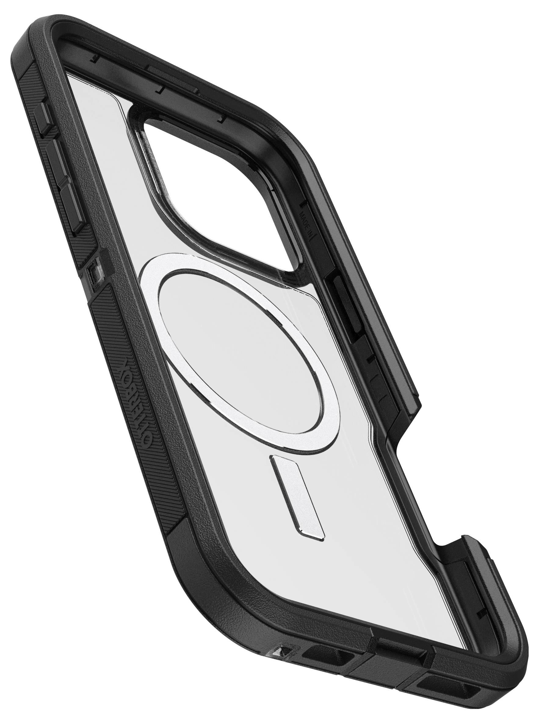 Ochranný kryt na smartphone, transparentní design s černým rámečkem a kruhovým vzorem uprostřed.