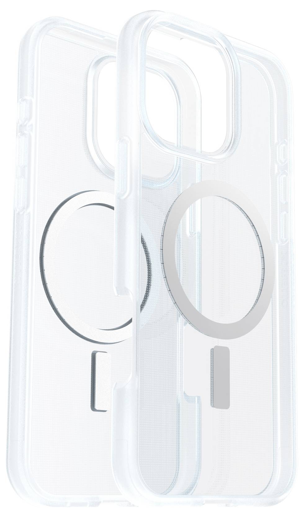 Průhledný kryt na telefon s kruhovým magnetickým designem, který umožňuje kompatibilitu s příslušenstvím MagSafe.