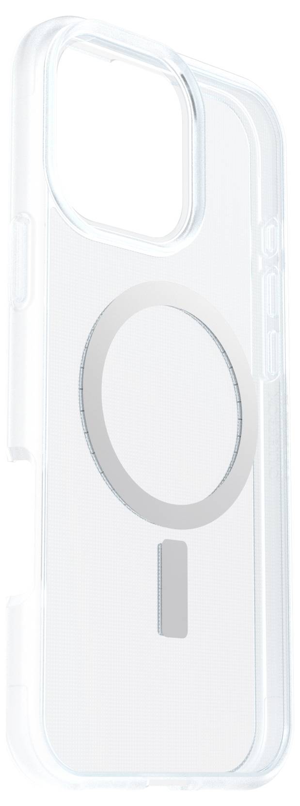 Průhledný mobilní kryt s kruhovým symbolem na zadní straně, vhodný pro smartphone.