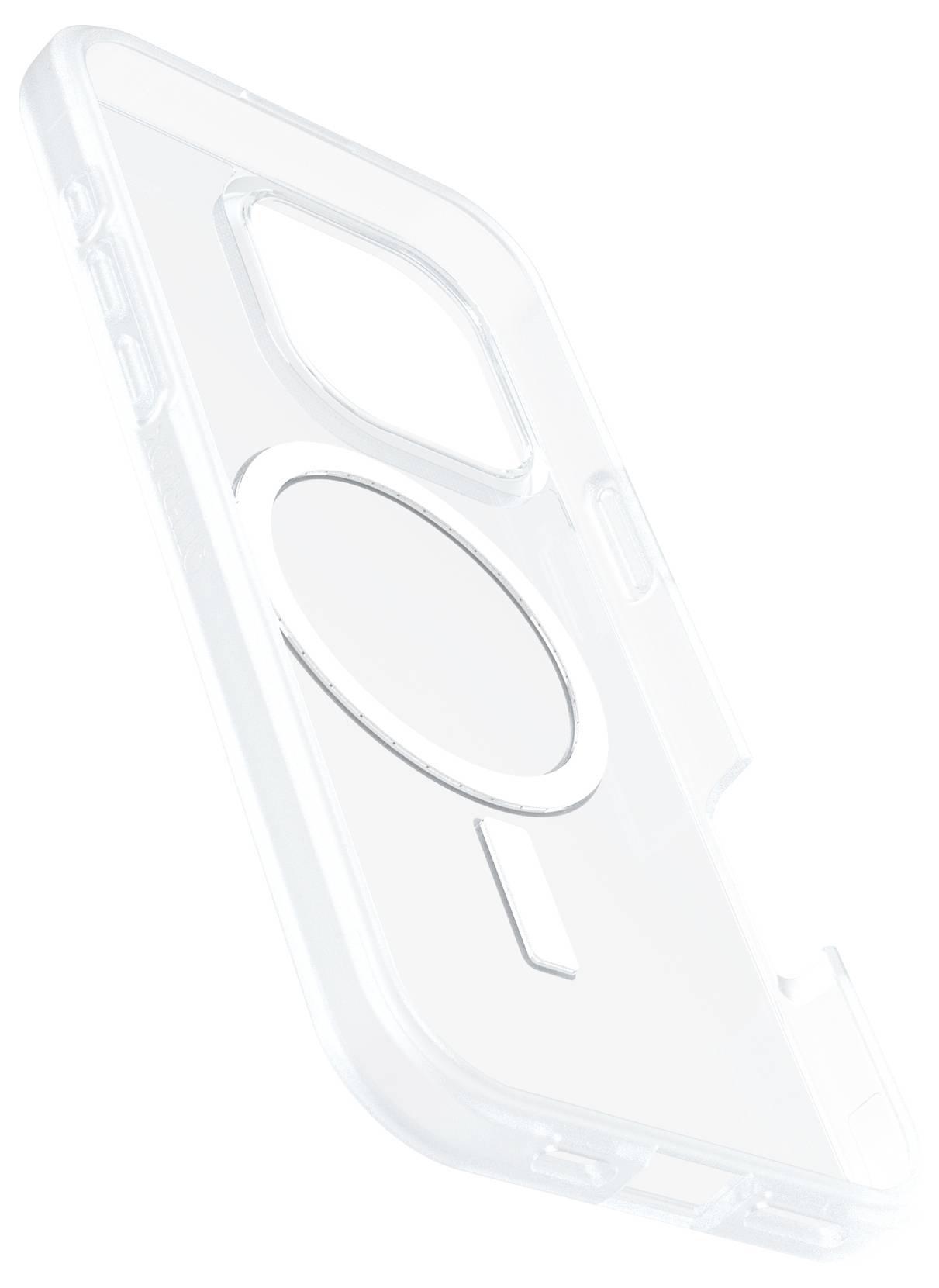 Průhledný obal na smartphone s kruhovým magnetickým prstencem a výřezy pro fotoaparát a konektory.