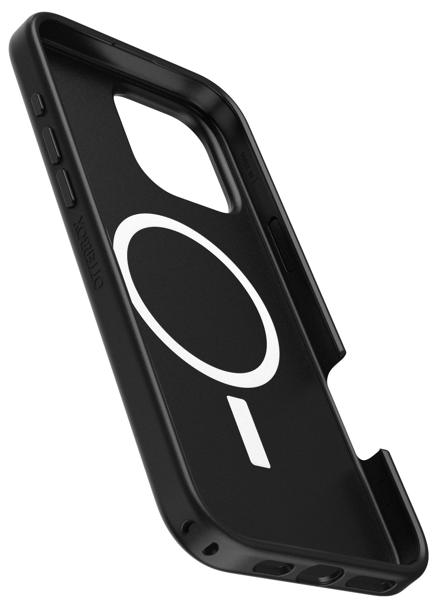 Černý obal na mobilní telefon s bílým kruhovým vzorem a postranními tlačítky, jednoduchá, robustní konstrukce.