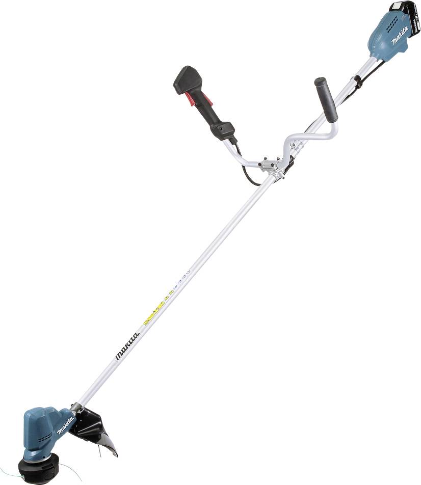 Modrý vyžínač s dlouhou rukojetí a černou strunovou hlavou. Rukověť s ergonomickým designem pro pohodlné ovládání.