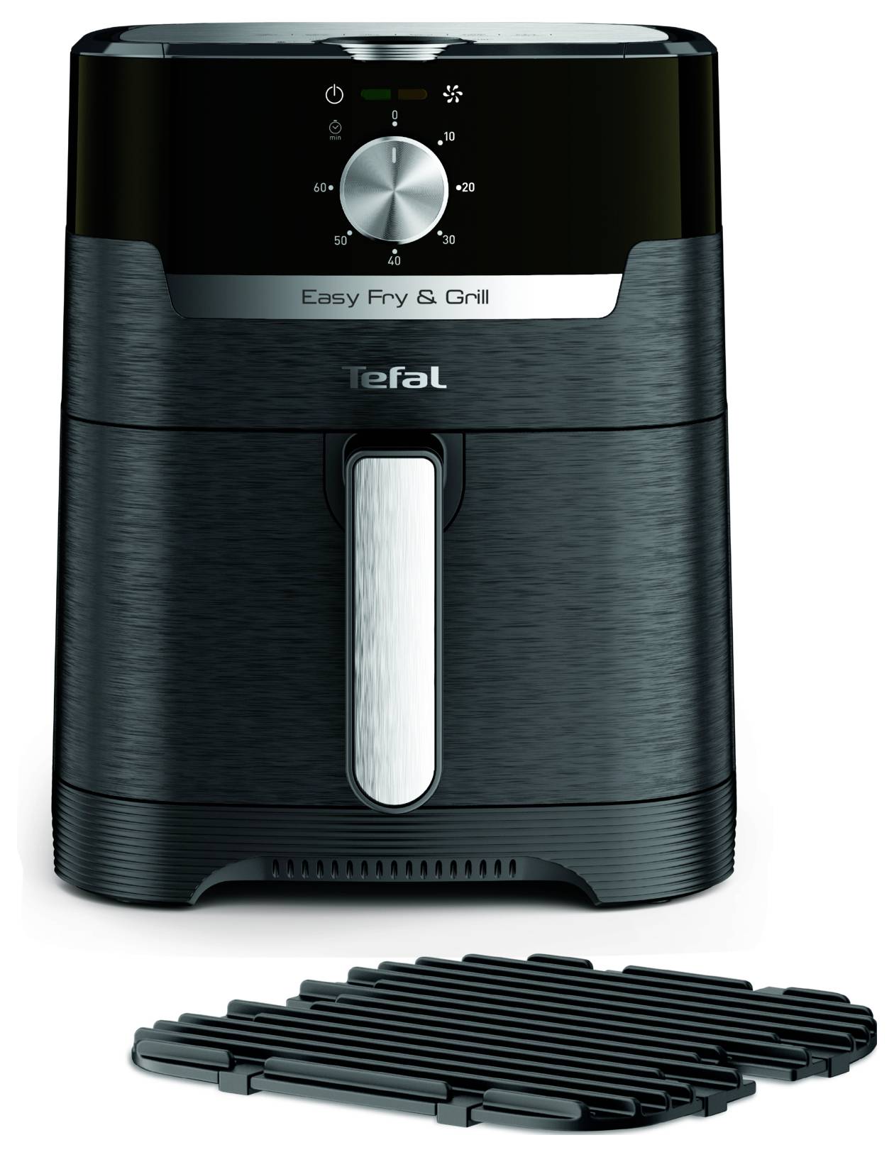 'Horkovzdušná fritéza s grilováním od Tefalu, černé barvy, s otočným ovladačem pro nastavení teploty a odnímatelným kovovým roštem.'