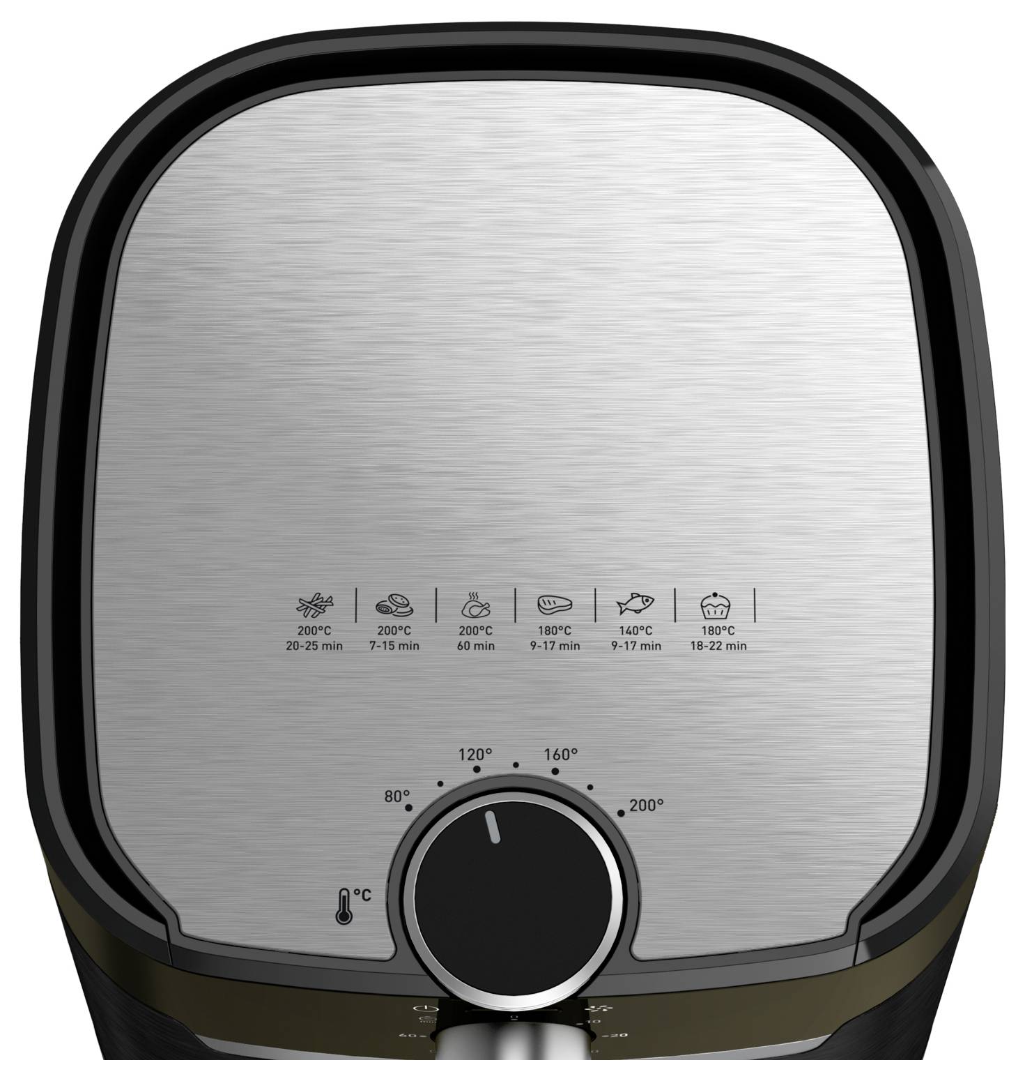 Stříbrná horkovzdušná fritéza s otočným regulátorem. Symboly zobrazují doporučené teploty a časy pro různé pokrmy.