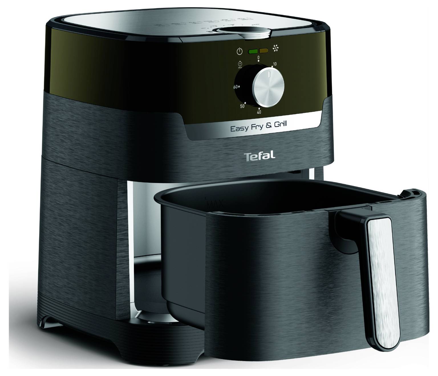 Černá horkovzdušná fritéza s otevřenou zásuvkou, nahoře umístěným ovladačem teploty. Model 'Easy Fry & Grill' od Tefalu.