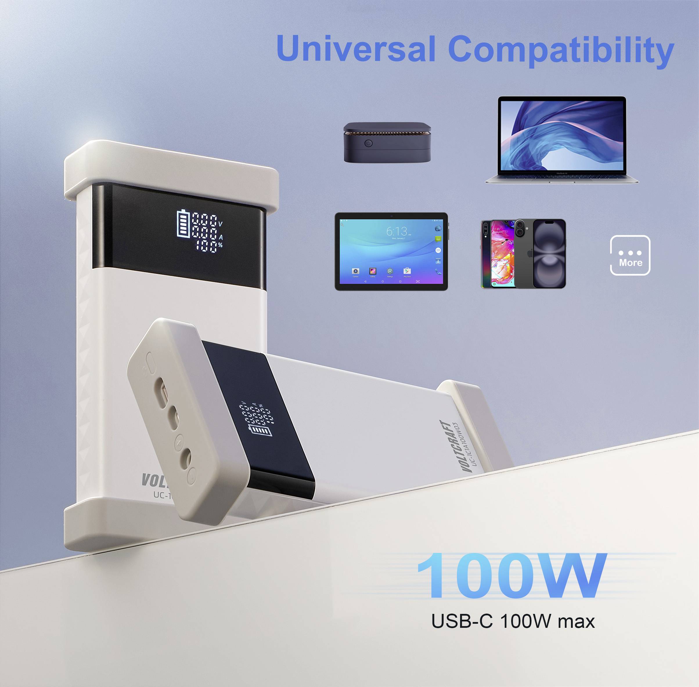 Nabíječka se 100W USB-C výkonem, zobrazuje zařízení jako notebook, tablet, smartphone. Text: Univerzální kompatibilita, 100W USB-C 100W max.