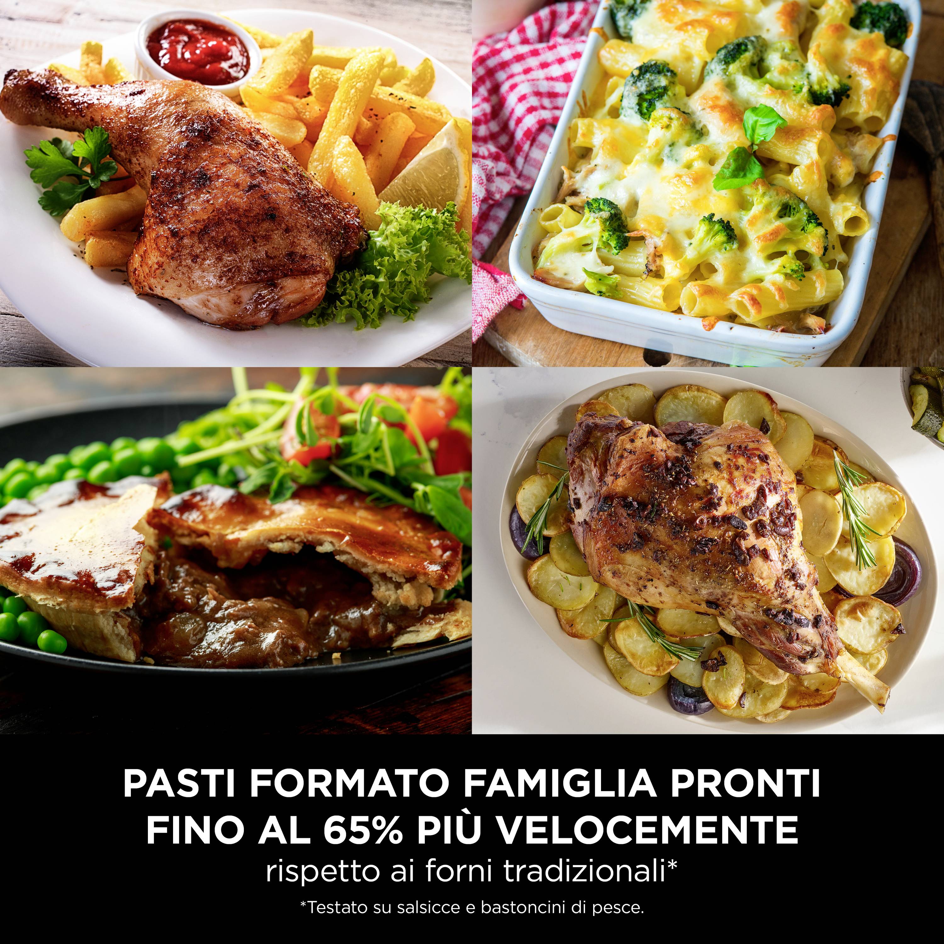Tři chody: Talíř s kuřetem a hranolkami, lasagne a hrášek s masem. Pod tím stojí "Rodinné hotové pokrmy".