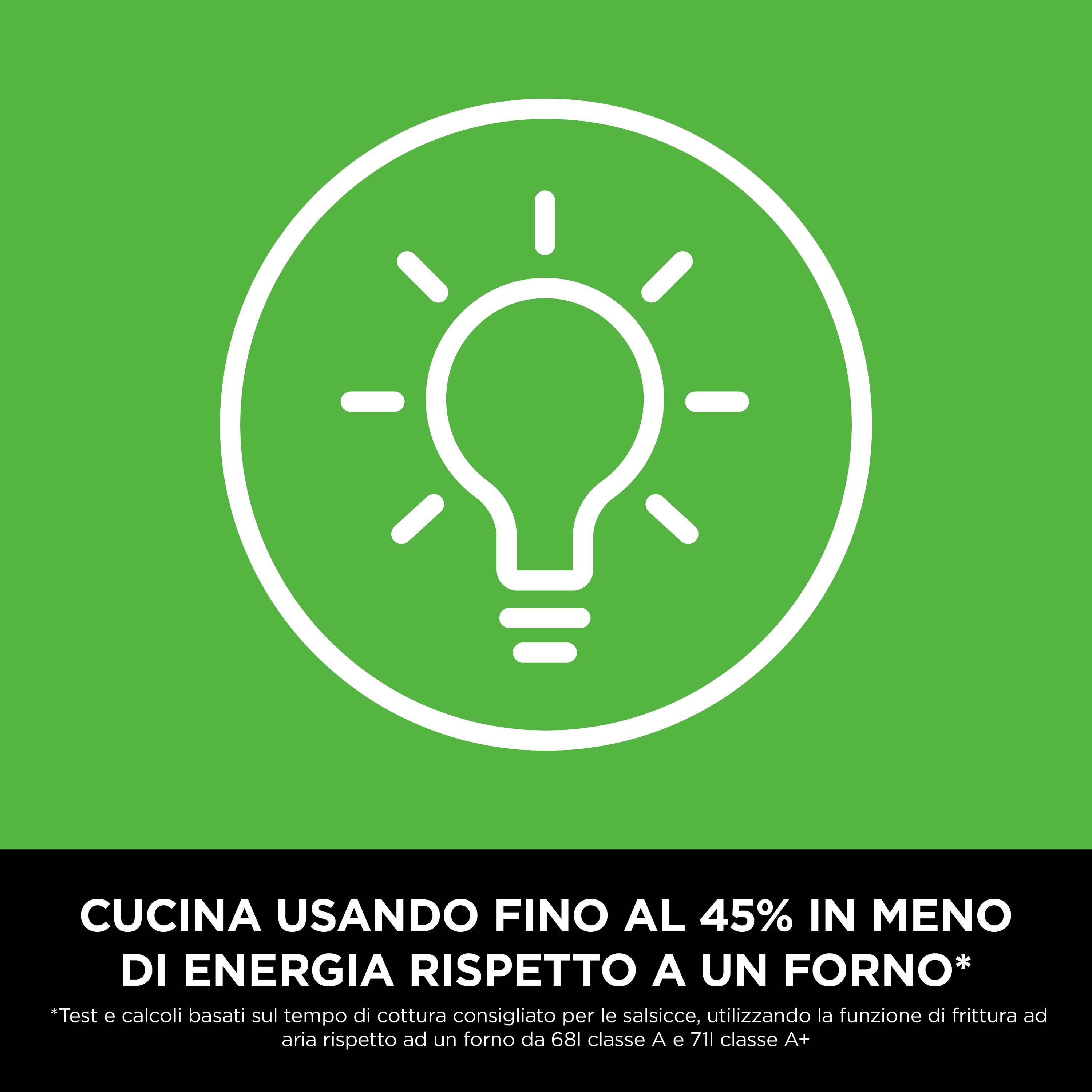 Lampa v kruhu symbolizuje úsporu energie. Text informuje o až 45% nižší spotřebě energie při vaření ve srovnání s troubou.
