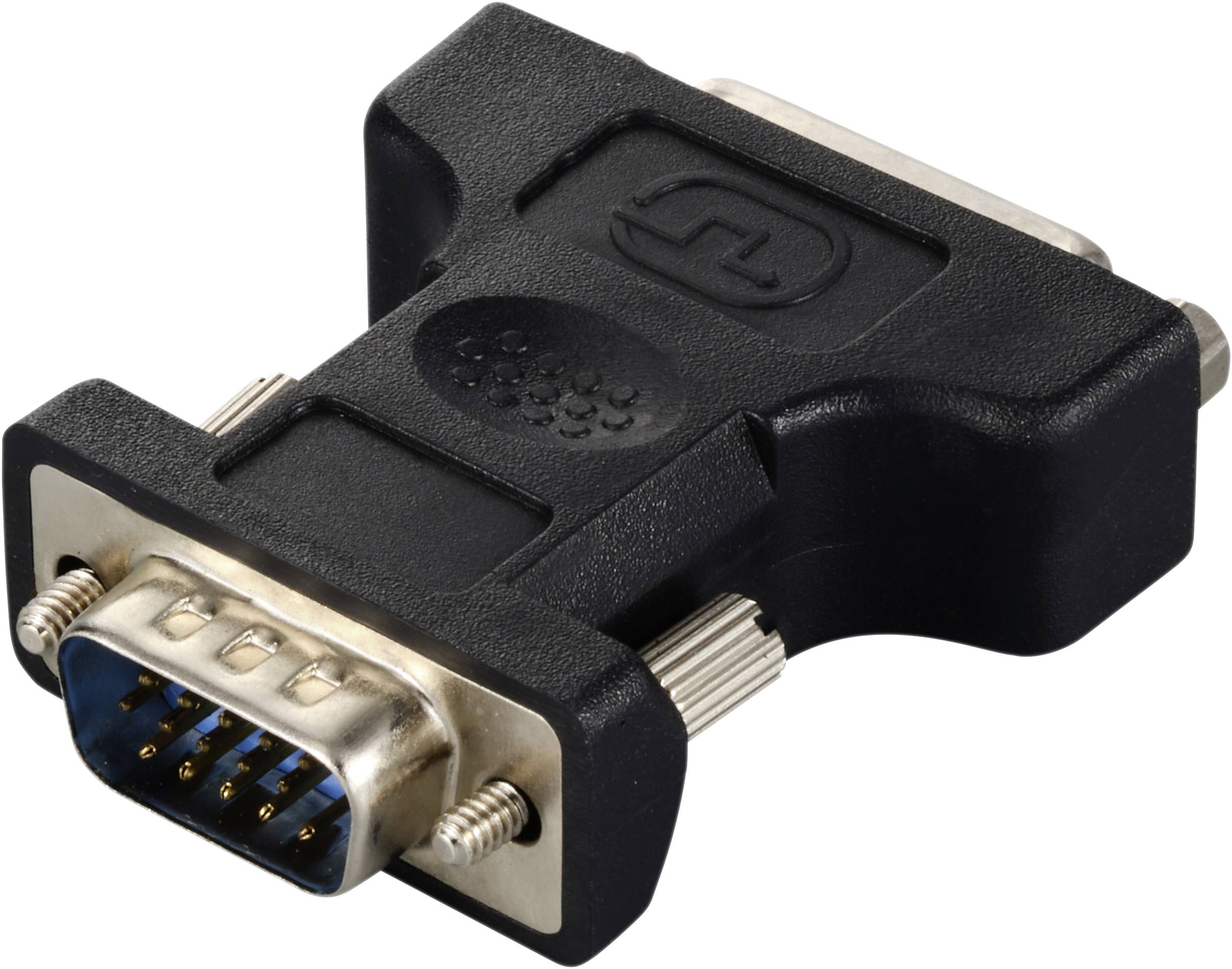 Černý VGA-na-DVI adaptér, používaný pro připojení VGA kabelů k DVI zařízením v počítačových sítích nebo systémech.