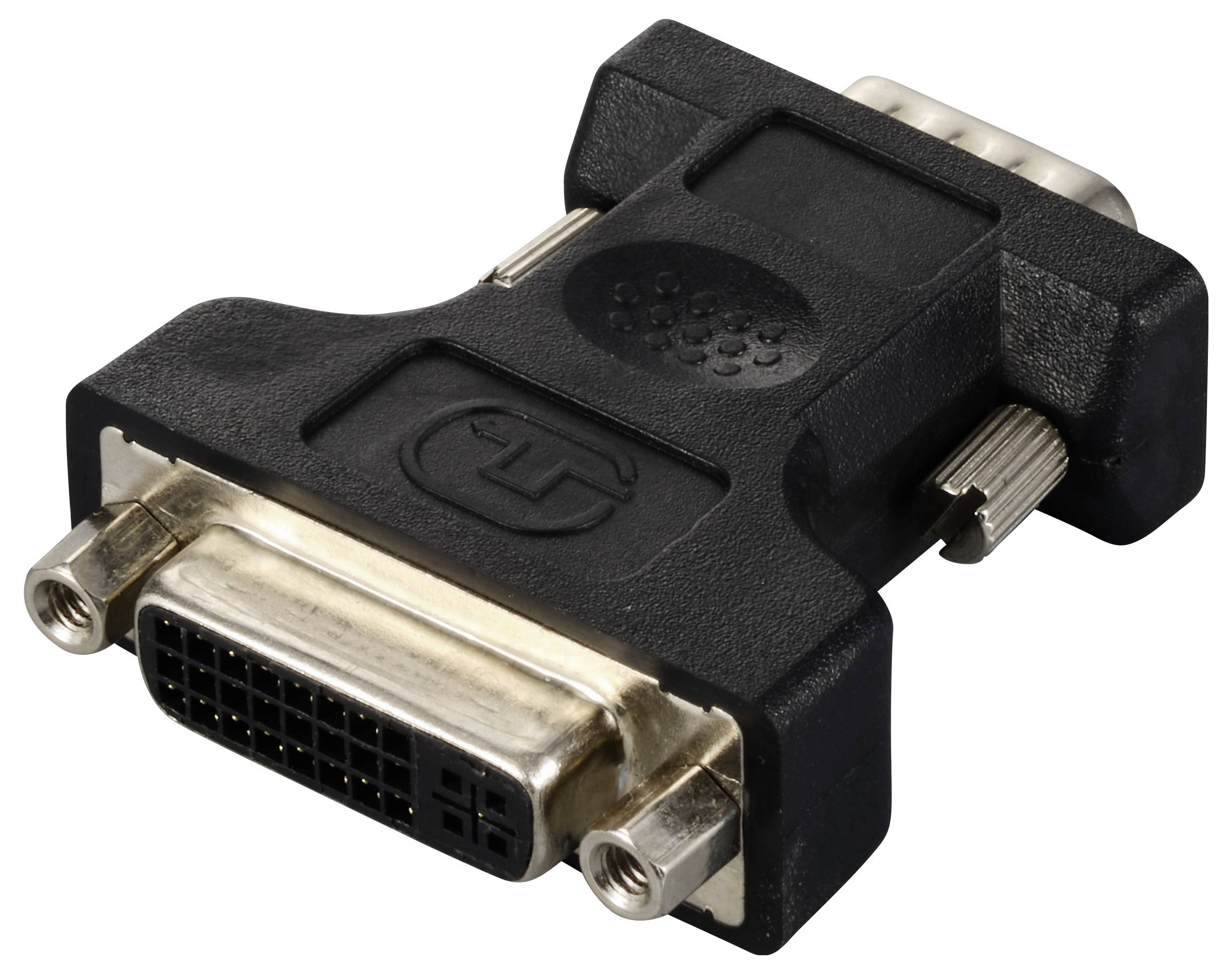 DVI-to-VGA adaptér, černý plastový kryt, umožňuje připojení mezi DVI výstupem a VGA vstupem na monitorech.