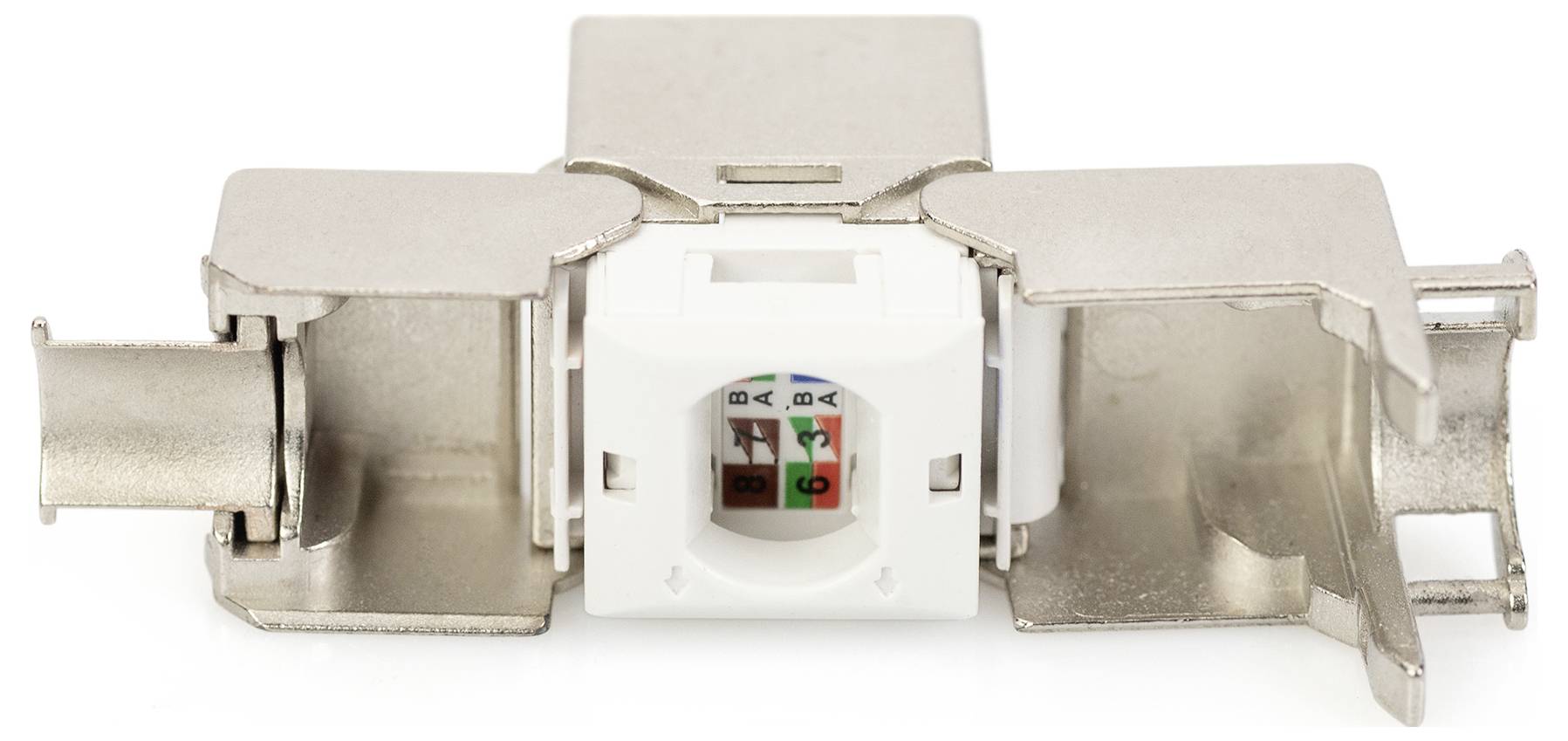 Kovový RJ45 keystone modul s plastovým blokem uprostřed, určený pro síťové zapojení, na bílém pozadí.