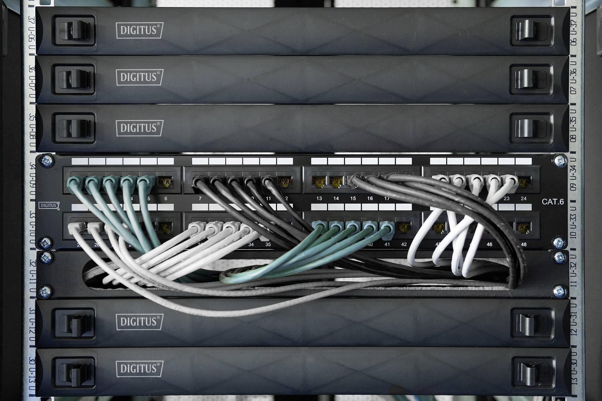 Serverová skříň zobrazuje několik ethernetových kabelů zapojených do síťových portů na patch panelu.