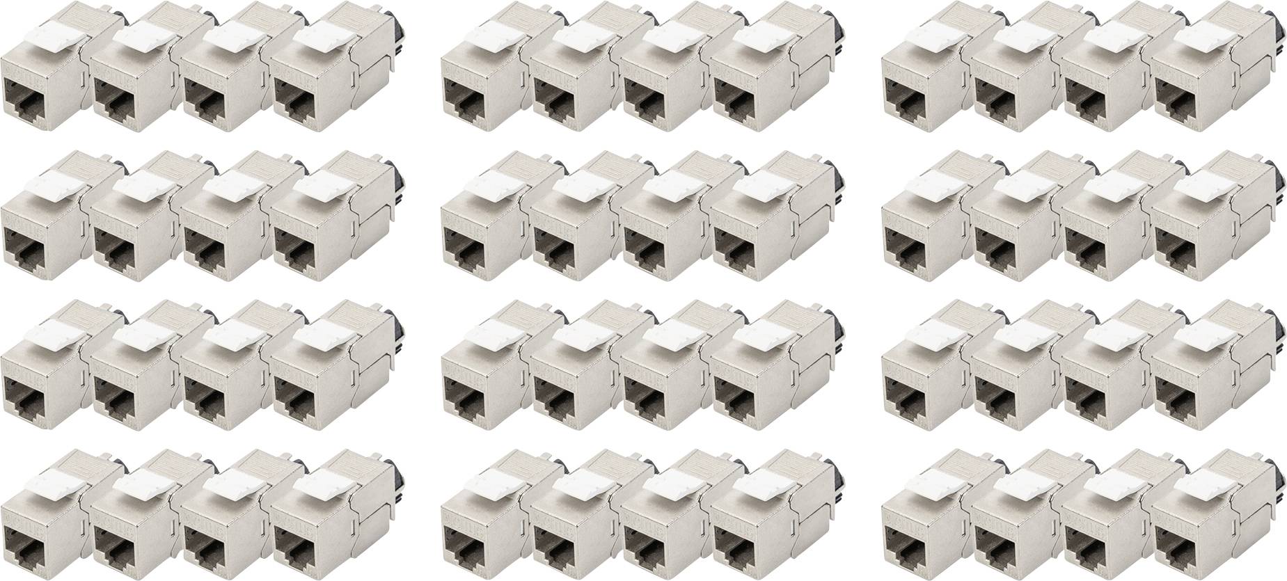 24 béžových RJ45 keystone modulů ve čtyřech řadách. Každý modul má obdélníkový tvar s konektorem pro síťové kabely.