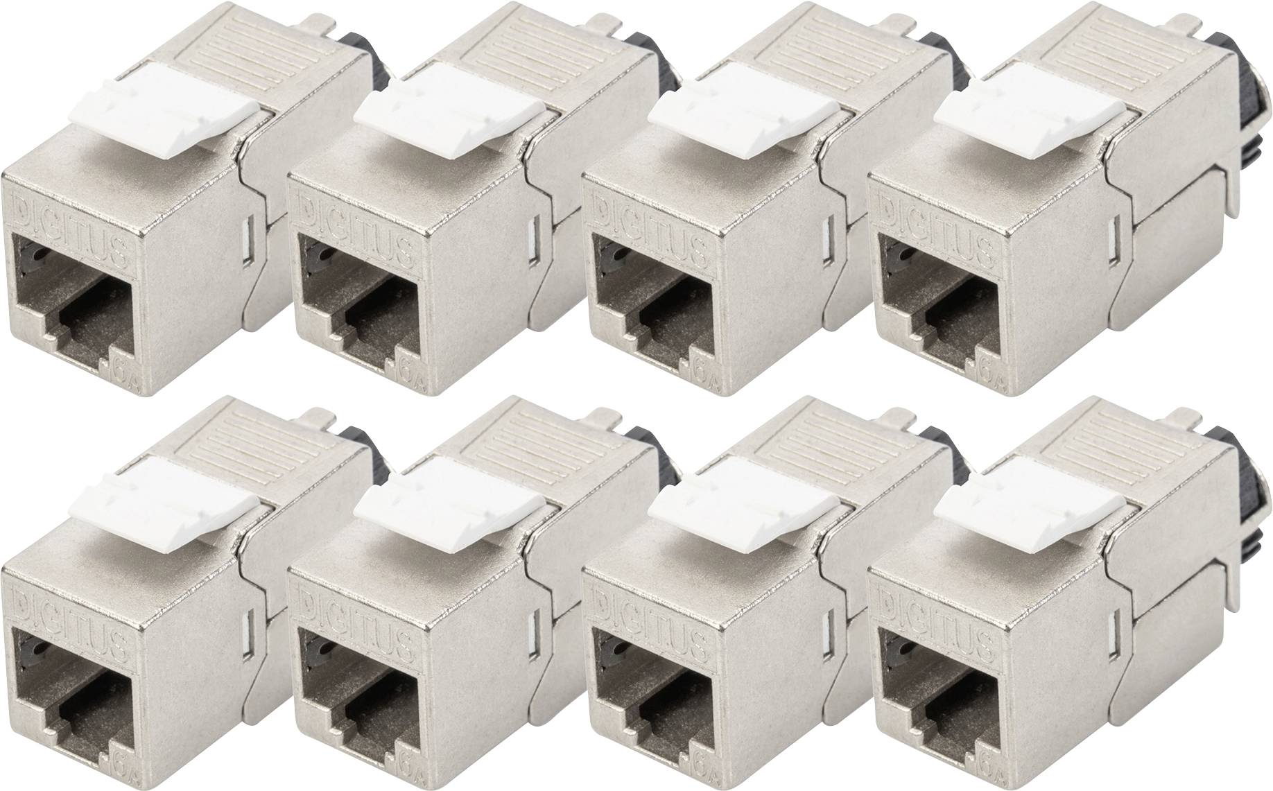Osm síťových konektorů RJ-45, uspořádaných ve dvou řadách.