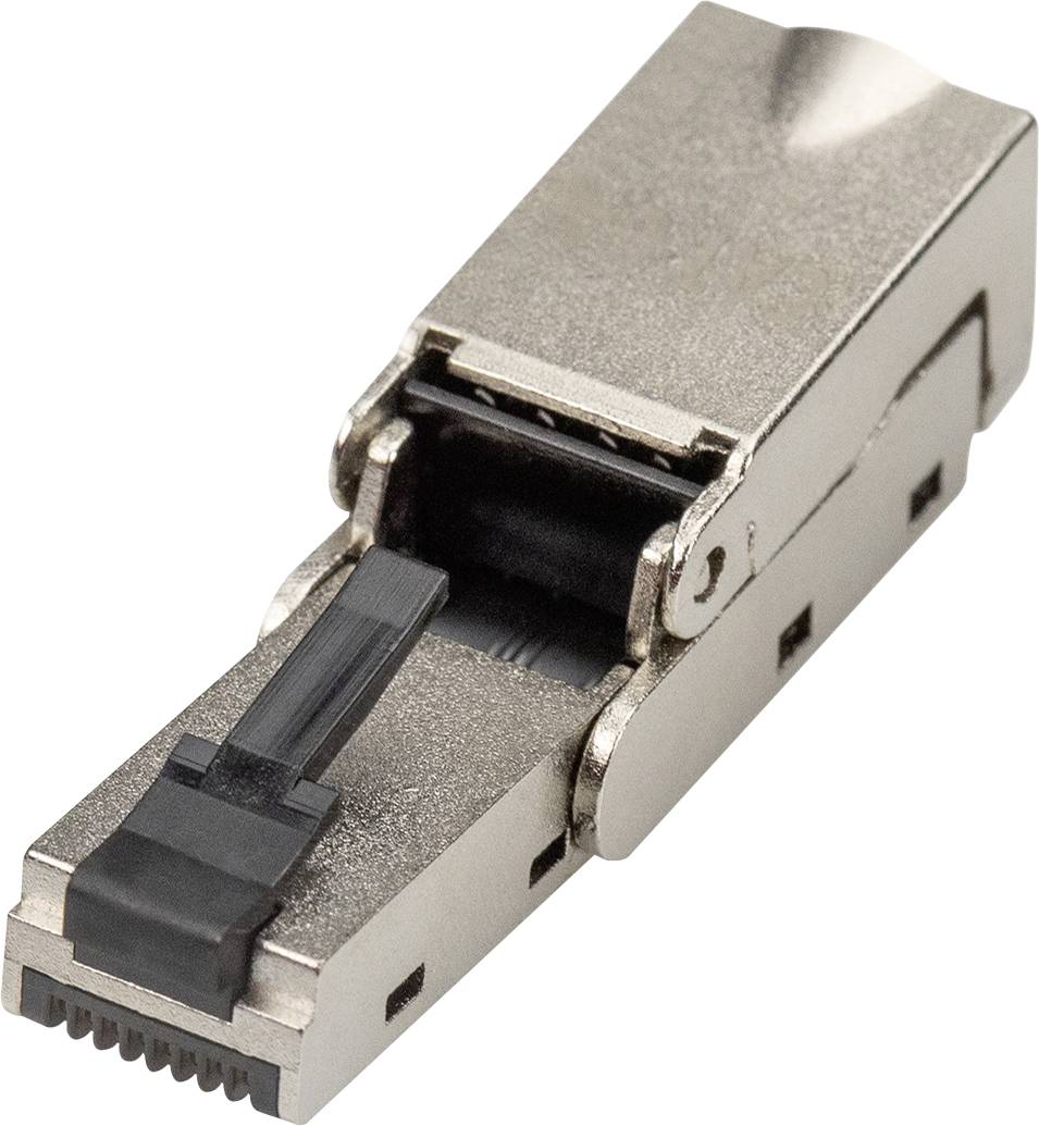 Kovový RJ45 konektor s černou sponou. Používá se pro síťové kabelové připojení.