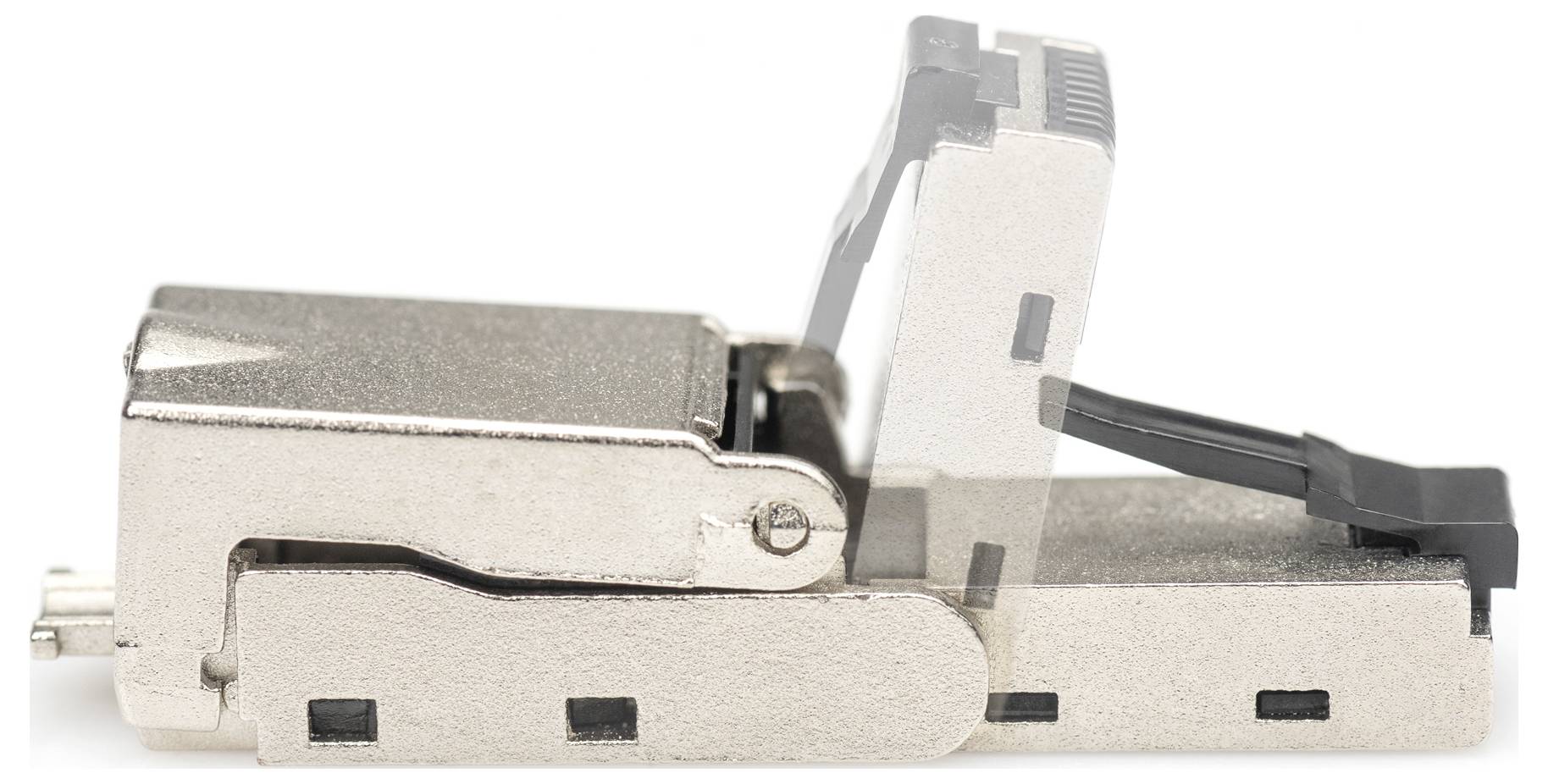Kovový konektor s pohyblivým sklopným mechanismem, pravděpodobně pro síťový kabel. Konektor je zobrazen částečně otevřený.