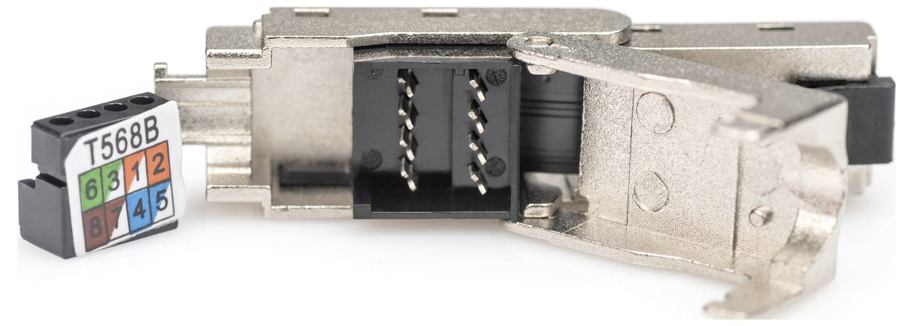 Před vámi leží modulární RJ45 konektor s otevřeným kovovým pouzdrem a barevně označeným klíčem pro zapojení podle standardu T568B.