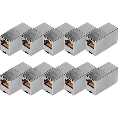 Deset RJ45 zásuvek ve dvou řadách. Každá zásuvka je vyrobena ze stříbrného kovu s viditelnými konektory. Vhodné pro připojení síťových kabelů.