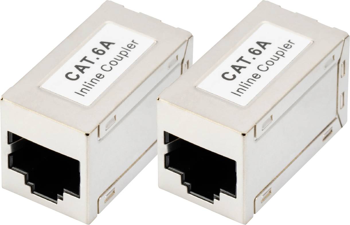 Dva stříbrné CAT.6A inline spojovače ležící vedle sebe pro propojení ethernetových kabelů.