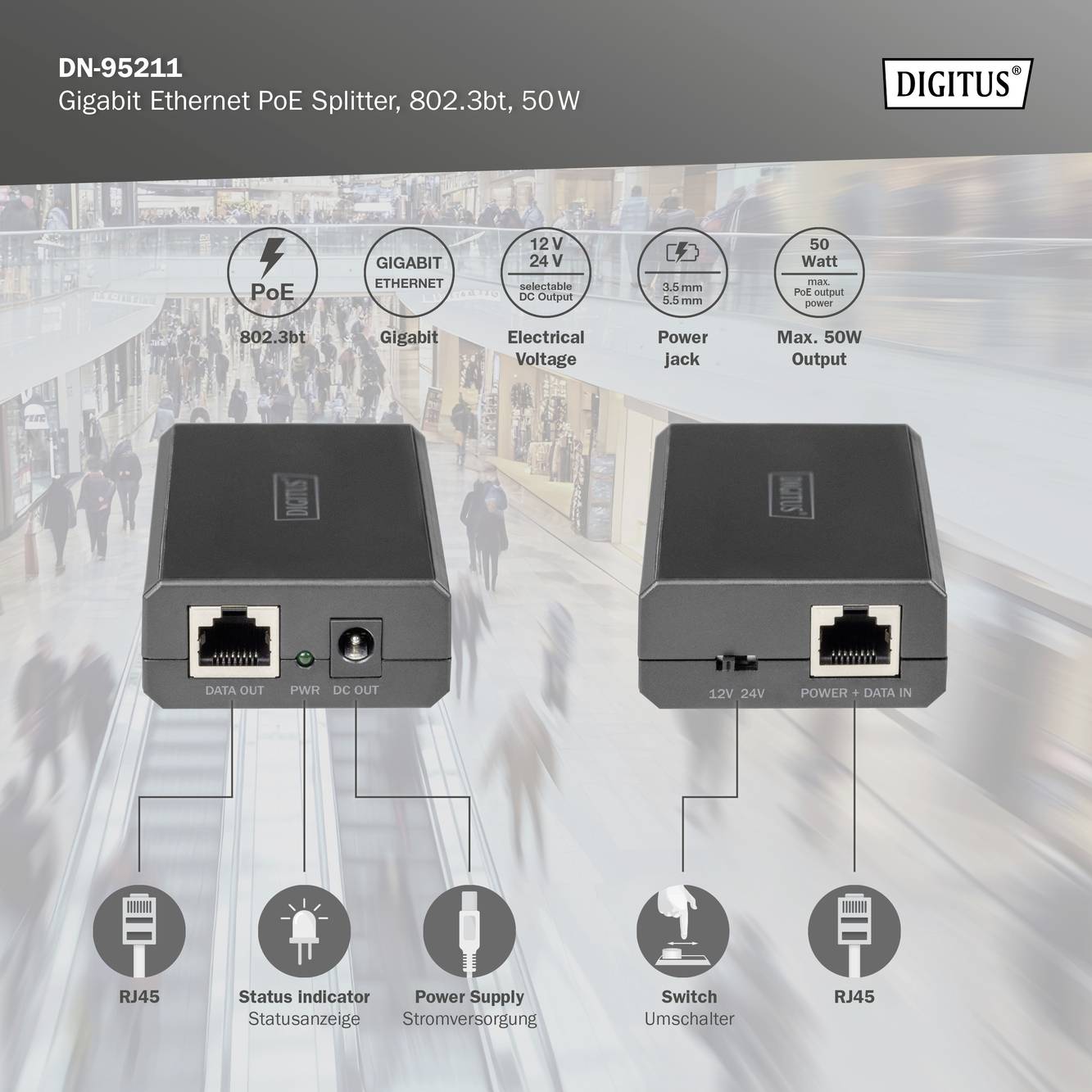Gigabitový Ethernet PoE rozdělovač pro síťová zařízení, podporuje 802.3bt, 50 W, včetně RJ45 portů, s indikací stavu napájení.