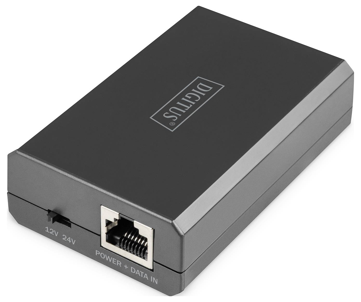 Černé elektronické zařízení s nápisem 'DICITUS'. Má konektory pro 'Power' a 'Data' a přepínač mezi 12V a 24V.