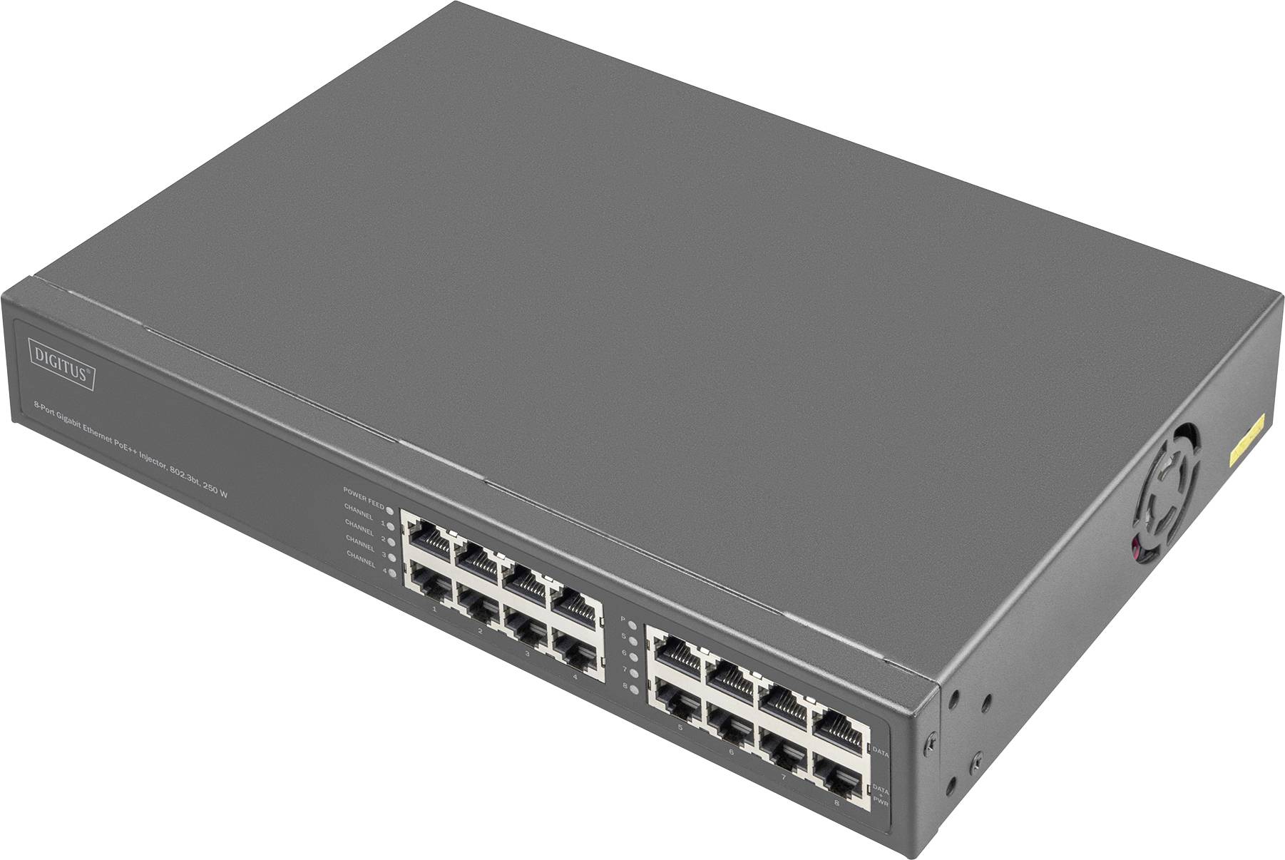 Šedý síťový switch s 24 ethernetovými porty, vhodný pro správu síťových připojení v podnikovém prostředí.