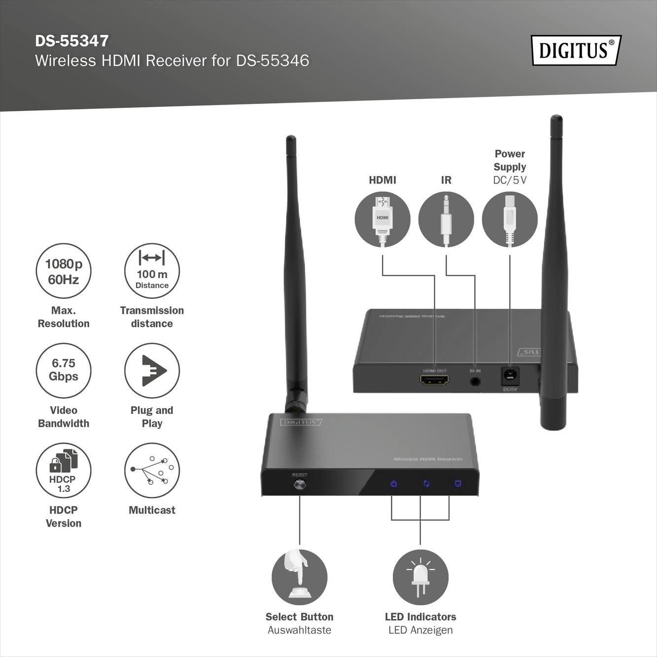 Bezdrátový HDMI přijímač Digitus DS-55347: Hlavní zařízení s anténami, podporuje 1080p, 60 Hz, dosah 100 m, HDMI a IR.