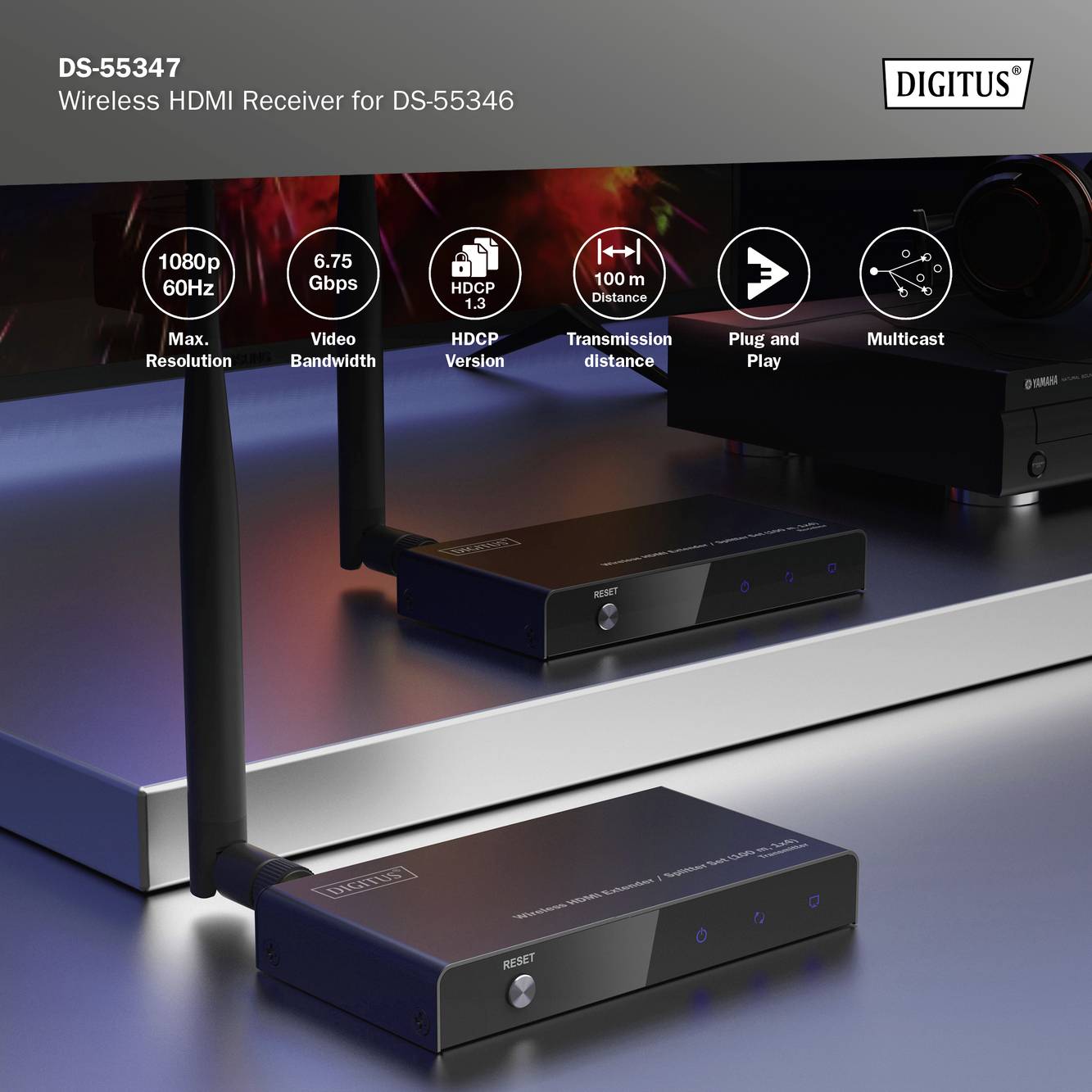 Bezdrátový HDMI přijímač 'DS-55347' pro 'DS-55346' s rozlišením 1080p, 60 Hz, 6,75 Gb/s, dosah až 100 m, HDCP, technologie Plug and Play, multicast.