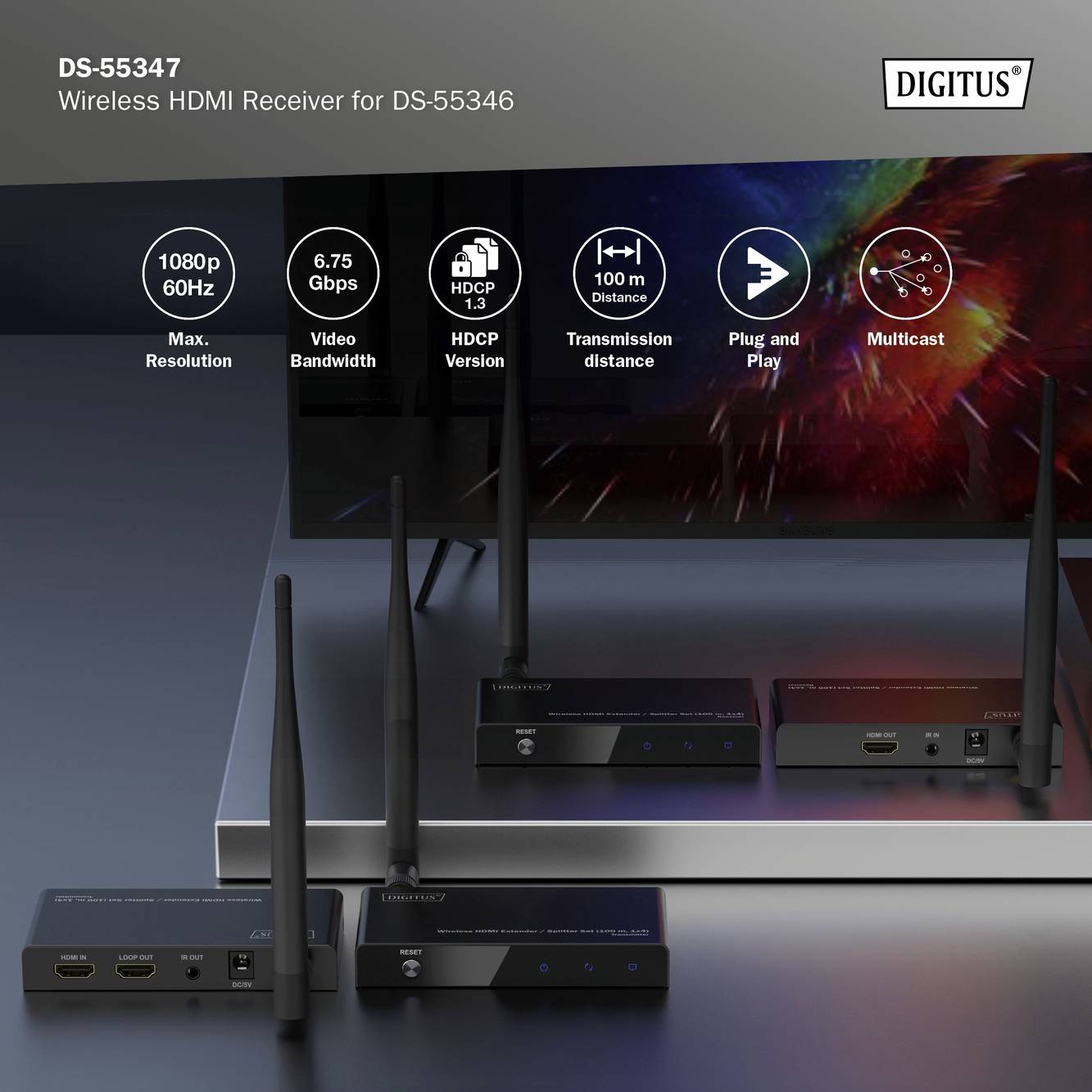 Bezdrátový HDMI přijímač 'DS-55347' pro model 'DS-55346' s rozlišením 1080p při 60 Hz, max. 6,75 Gb/s, dosah 100 m, technologie Plug-and-Play.