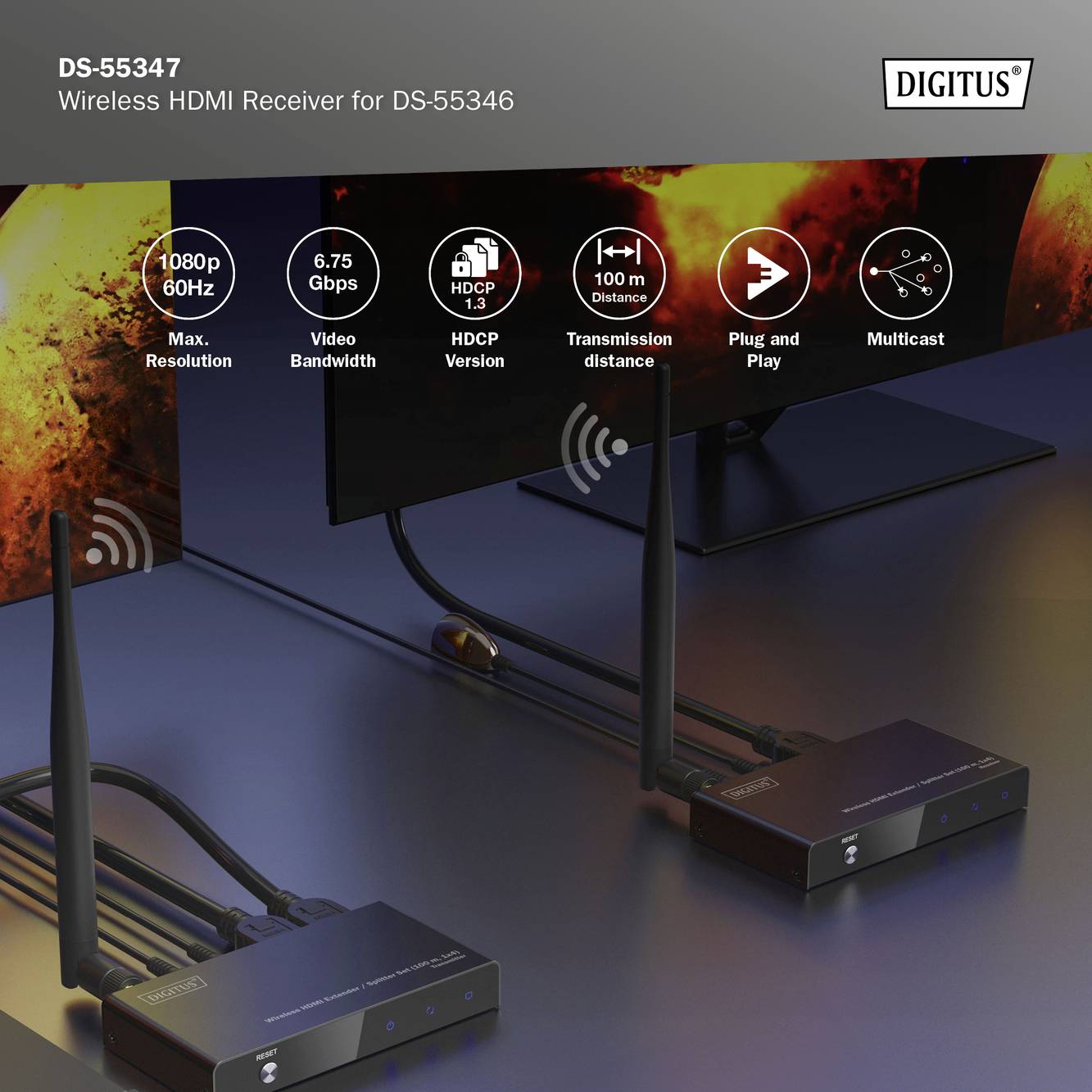 Bezdrátový HDMI přijímač 'DS-55347' pro 'DS-55346', podporuje 1080p při 60 Hz, dosah 10 m, HDCP 1.3, plug-and-play, multicast.