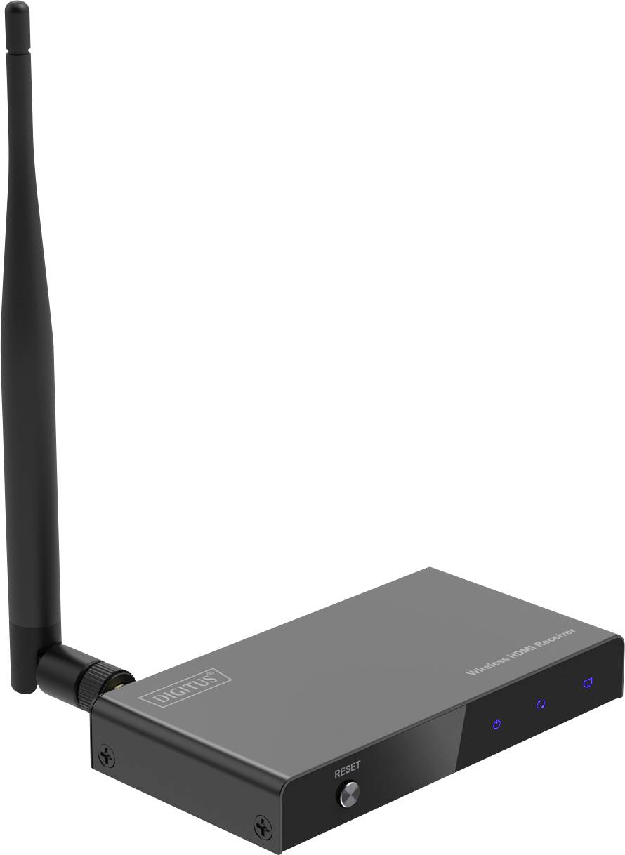 Obdélníková černá WiFi anténa s dlouhým anténním stožárem má na sobě nápis 'Tendak'.
