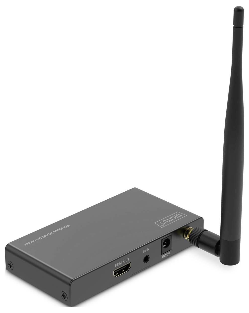 Malé, černé elektronické zařízení s dlouhou anténou, HDMI výstupem a síťovým připojením. Slouží k bezdrátovému přenosu videa.
