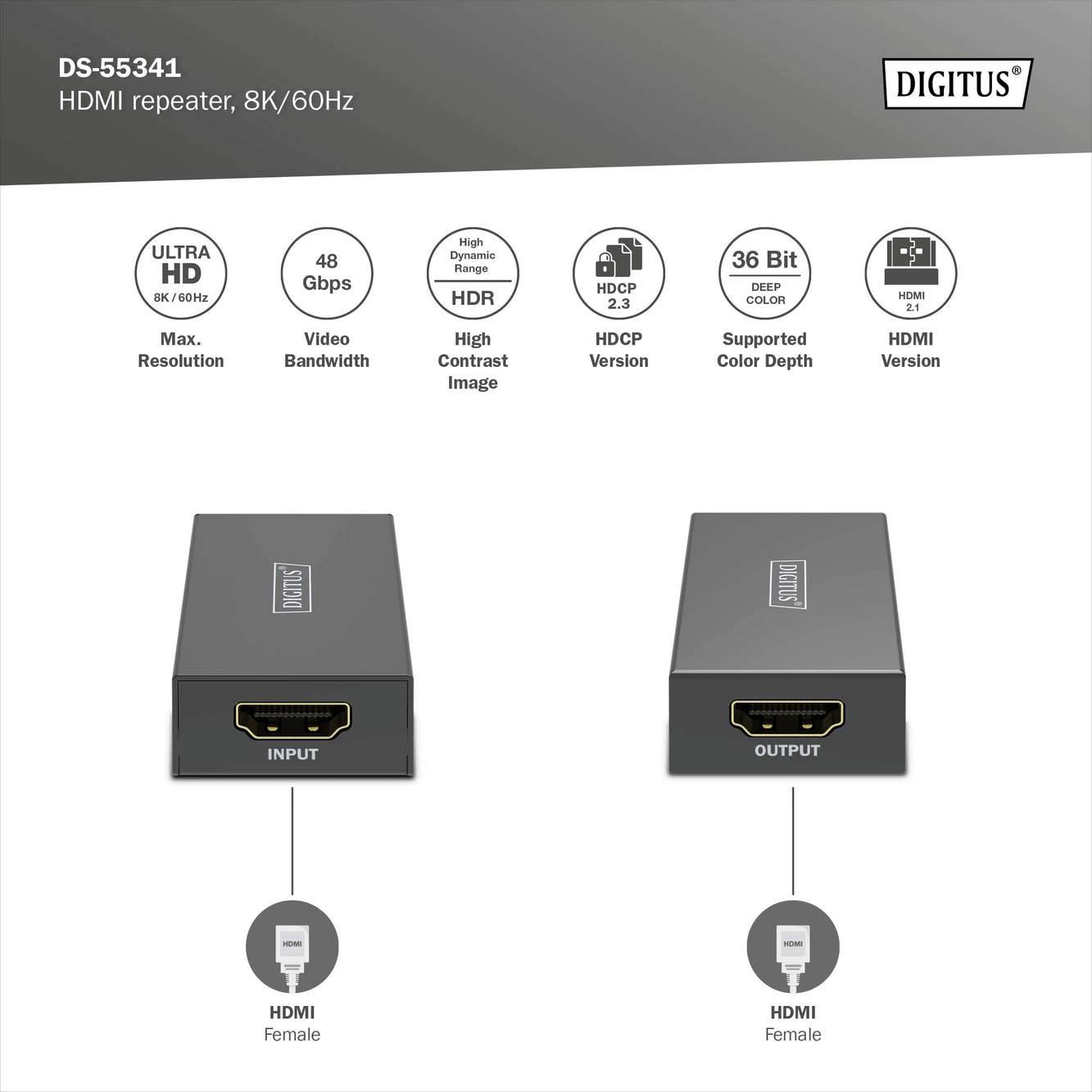 HDMI repeater od společnosti Digitus s jedním vstupním a výstupním portem. Podporuje rozlišení 8K/60 Hz, HDR a HDCP 2.3.