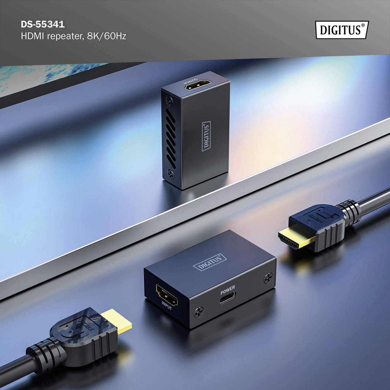 HDMI opakovač a kabel před kovovým pozadím, označené štítkem 'DS-55341', podporující 8K/60Hz, značka 'DIGITUS'.