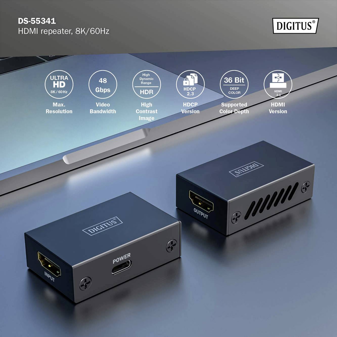 Opakovač Digitus HDMI, 8K/60Hz, Ultra HD, 48 Gb/s, podpora HDCP 2.3, HDR, 36bitová barevná hloubka, verze HDMI.