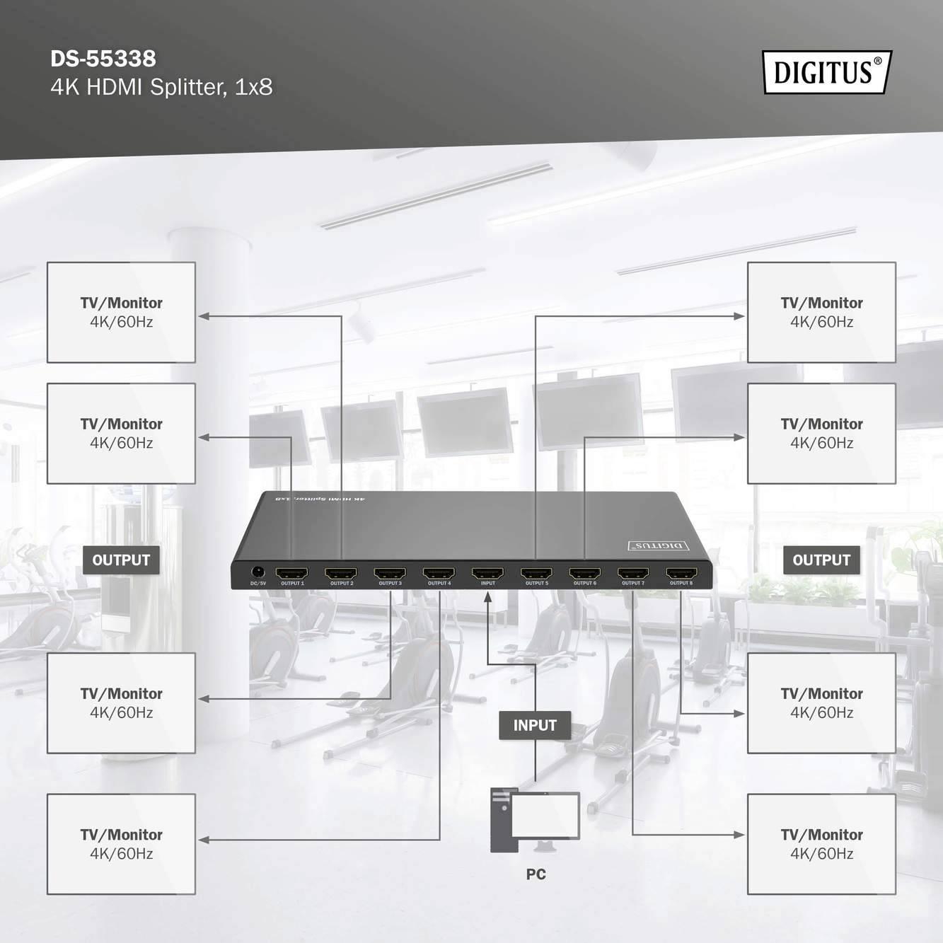 4K HDMI Rozbočovač, 1x8 od Digustu zobrazuje schéma zapojení s jedním vstupem a osmi výstupy pro monitory. Ideální pro přenos signálu na několik displejů.