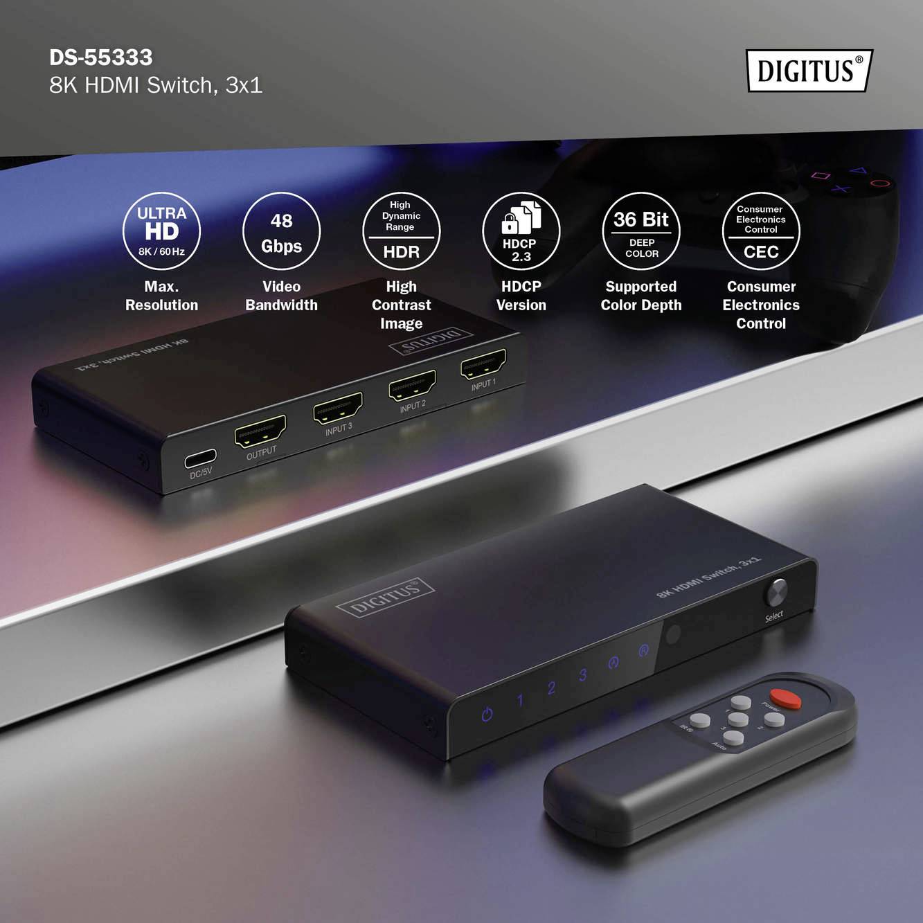 DS-55333 8K HDMI přepínač, 3x1: Černý HDMI přepínač se třemi vstupy a jedním výstupem. Zdůrazňuje 8K UHD, kompatibilitu s HDR a podporu HDCP 2.3. Dálkové ovládání vedle něj.