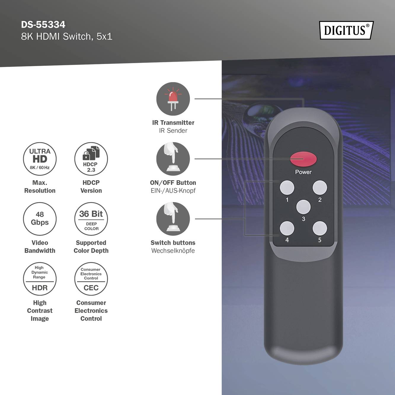 Obrázek zobrazuje dálkový ovladač pro HDMI přepínač DS-55334 od společnosti Digitus s tlačítky pro výběr vstupů a zapínání/vypínání.