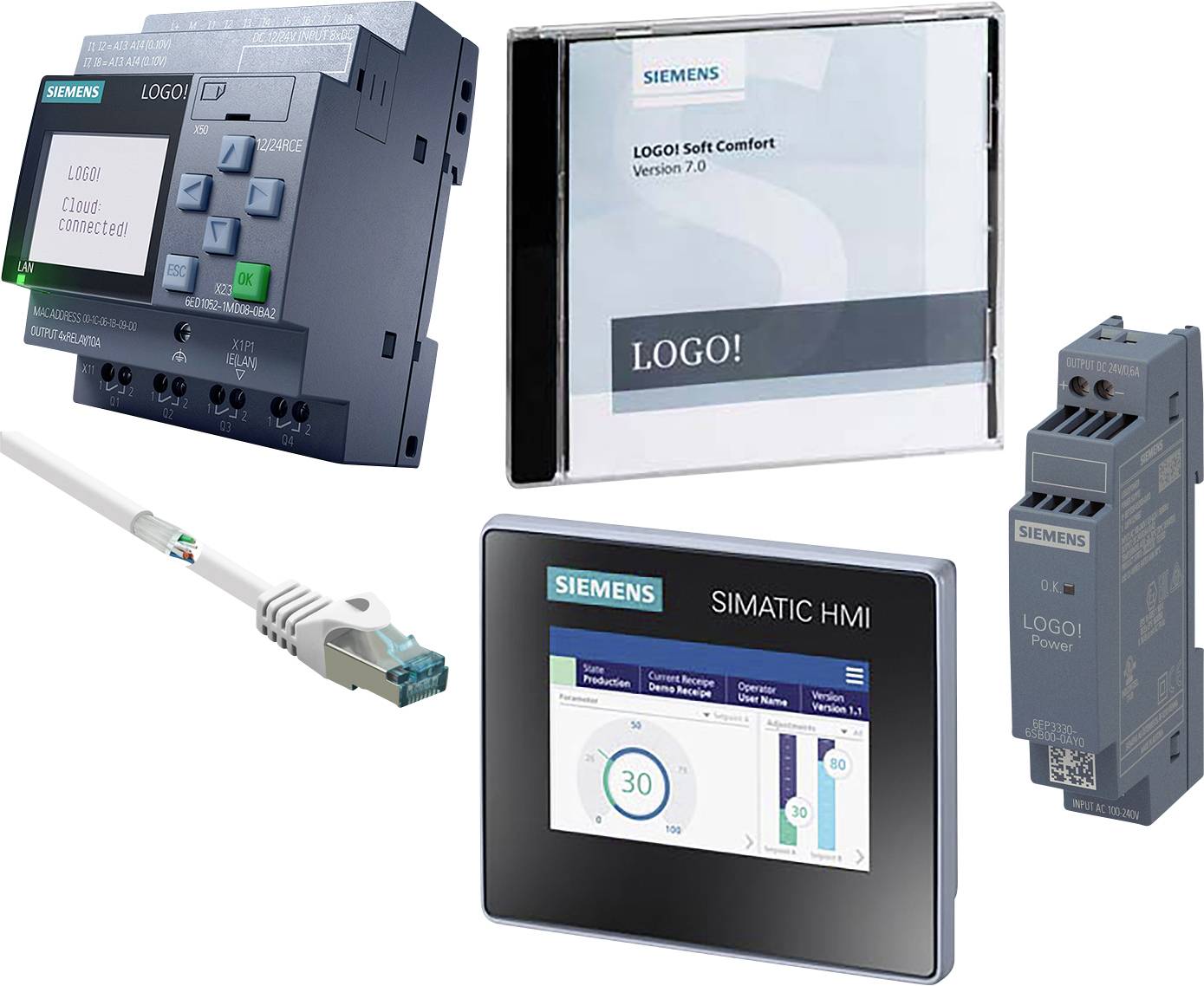 Produkty společnosti Siemens: LOGO! Cloud konektor, LOGO! Soft Comfort CD, SIMATIC HMI zařízení, ethernetový kabel a LOGO! napájecí modul.