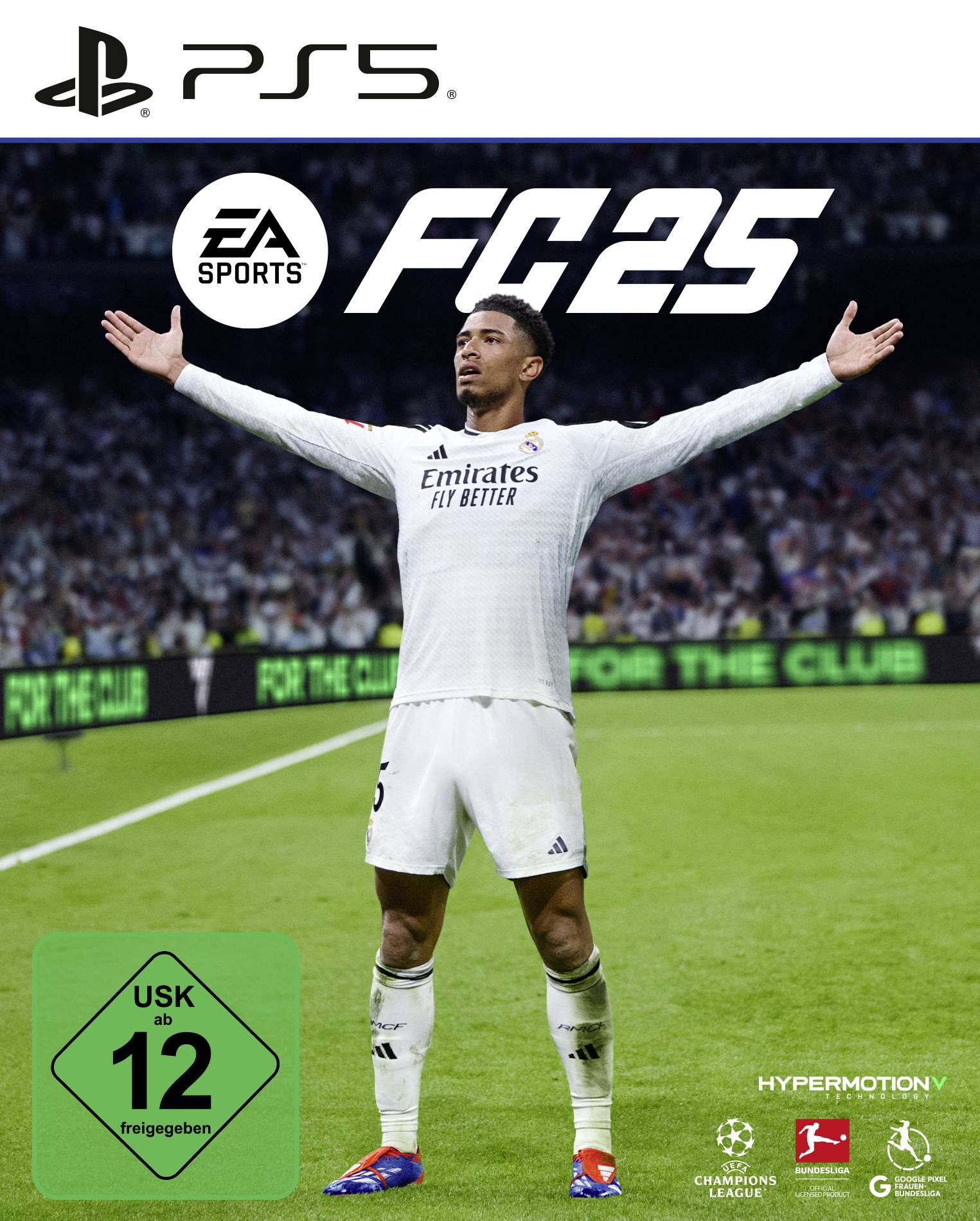 Fotbalista v bílém dresu stojí s roztaženýma rukama na hřišti. Název 'FC 25', doporučeno od 12 let, PlayStation 5.