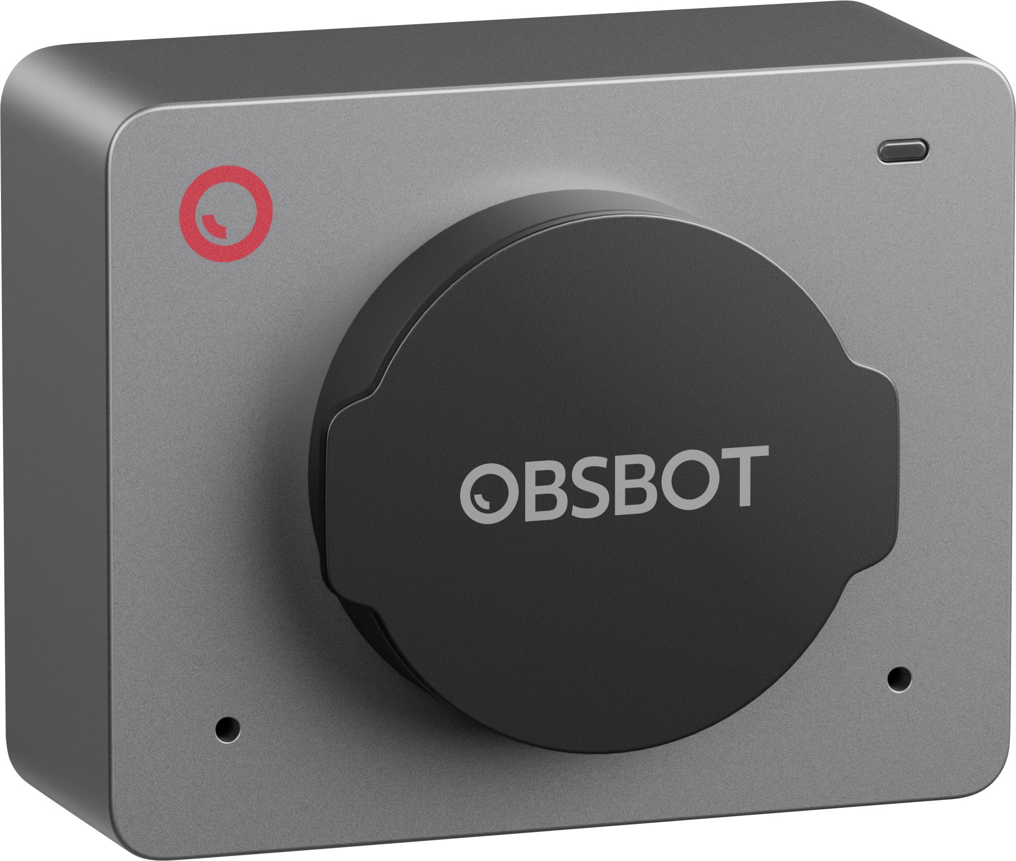 Černá kamera s logem 'OBSBOT' na přední straně. Kulatý objektiv, obdélníkové pouzdro se zaoblenými rohy. Vlevo nahoře červený symbol nahrávání.