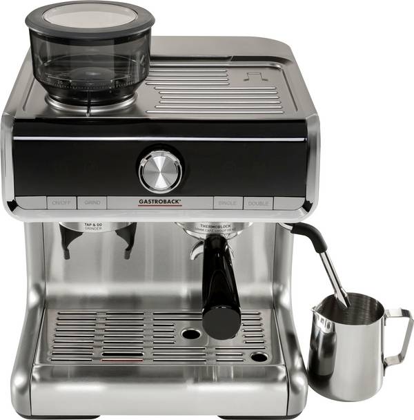 Gastroback Design Espresso Barista pákový kávovar stříbrná, černá 1550 W s tryskou na horkou vodu, s mlýnkem, s tryskou pro napěnění mléka