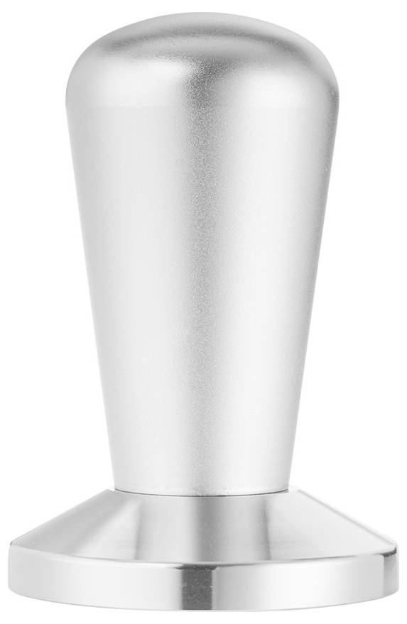 Kovový kávomlýnek s ergonomickou rukojetí a plochou základnou, nejčastěji používaný k zhutnění mleté kávy v portafiltru.