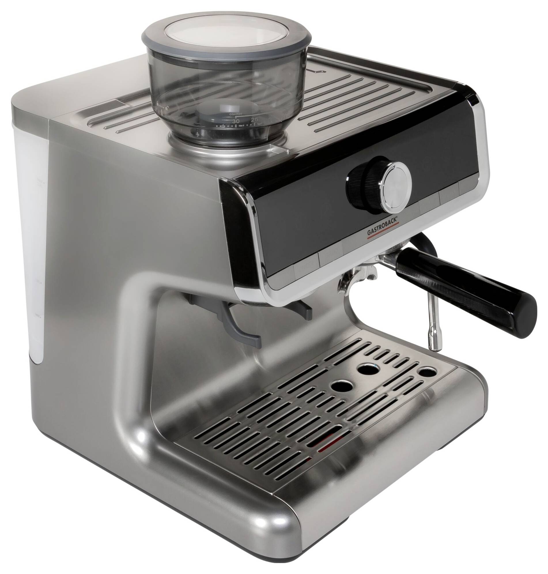 Stříbrný espresso kávovar s odnímatelnou nádržkou na vodu, parní tryskou a odkapávací miskou.