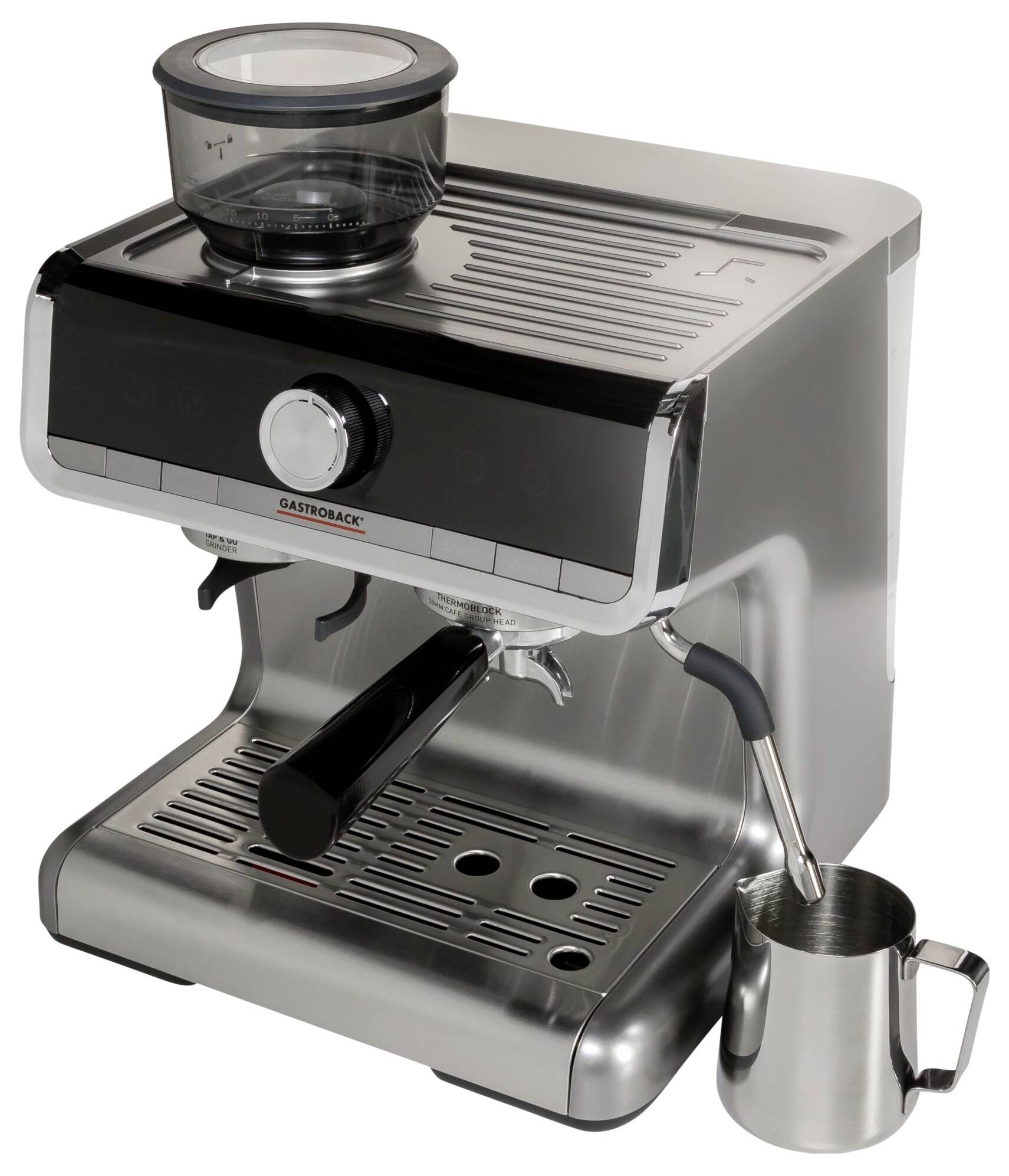Espresso kávovar z nerezové oceli s pákovým držákem filtru, parní tryskou a integrovaným zásobníkem na kávová zrna, ideální pro čerstvou kávu.