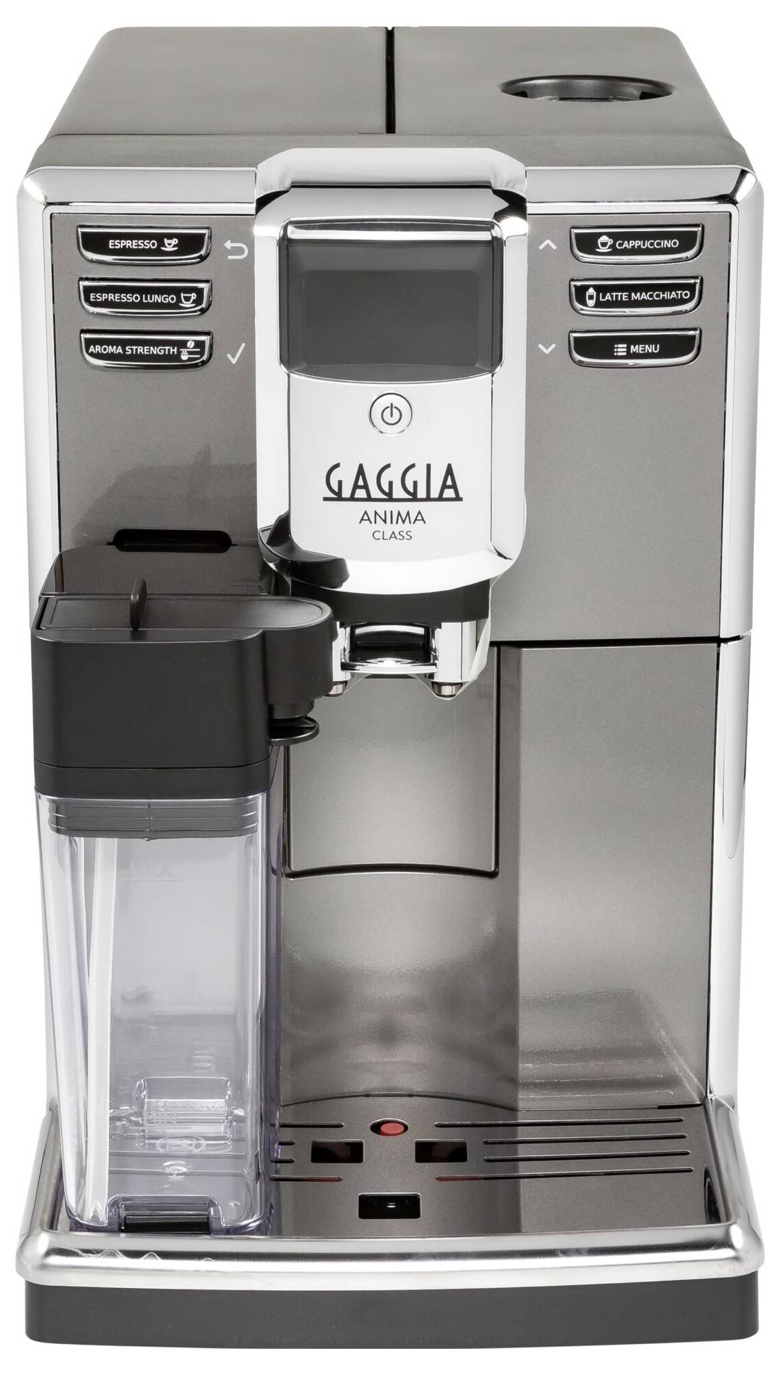 Espresso kávovar v provedení z nerezové oceli s ovládacím panelem pro přípravu různých druhů kávy, jako jsou cappuccino a latte macchiato. Součástí je napěňovač mléka.