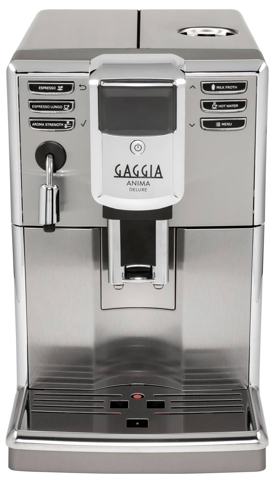 Stříbrný espresso přístroj s několika tlačítky pro espresso, cappuccino a další nápoje. Označení 'Gaggia Anima Deluxe'.
