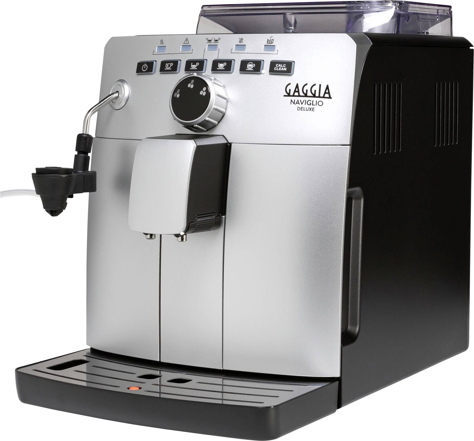 Automatický kávovar s stříbrným tělem a ovládacími prvky nahoře, značky 'Gaggia Naviglio Deluxe', vhodný pro přípravu espressa.