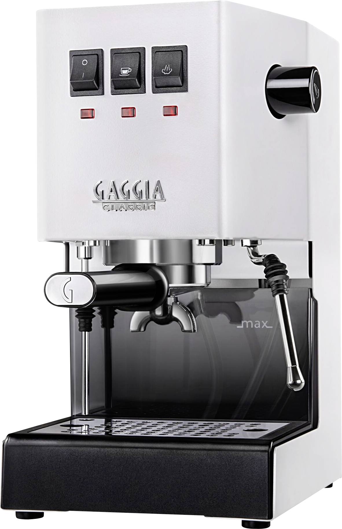 Bílý espresso kávovar se třemi tlačítky a parní tryskou, s viditelným logem značky na přední straně, vhodný pro přípravu kávy doma.